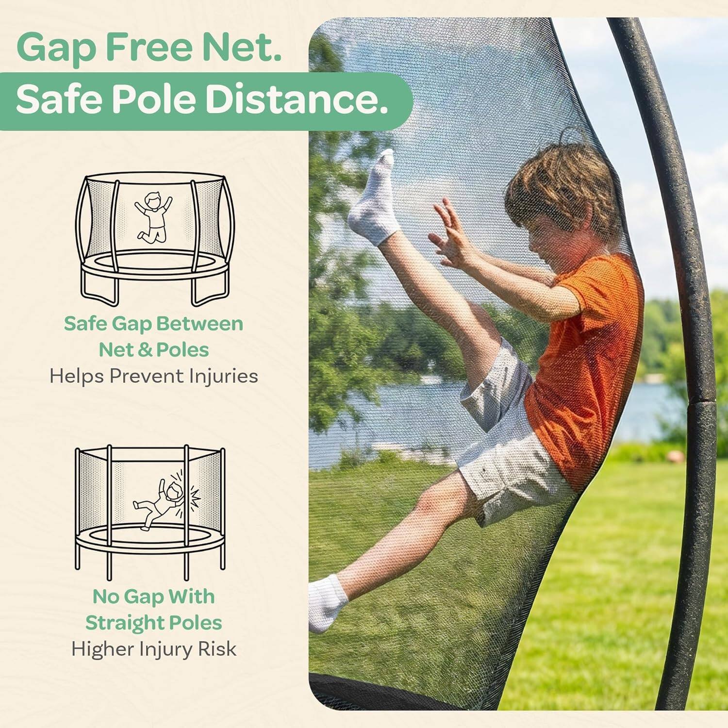 Gap Free Net.  
Safe Pole Distance.  
Safe Gap Between Net & Poles Helps Prevent Injuries  
No Gap With Straight Poles Higher Injury Risk