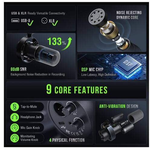 USB & XLR Ready  
Versatile Connectivity  
USB-A XLR  

NOISE REJECTING DYNAMIC CORE  

133%  
80dB SNR  
Background Noise Reduction in Recording  

DSP MIC CHIP  
Low Latency, High Definition  

9 CORE FEATURES  

Tap-to-Mute  
Headphone Jack  
Mic Gain Knob  
Monitoring Volume Knob  

ANTI-VIBRATION DESIGN  

4 PHYSICAL FUNCTION