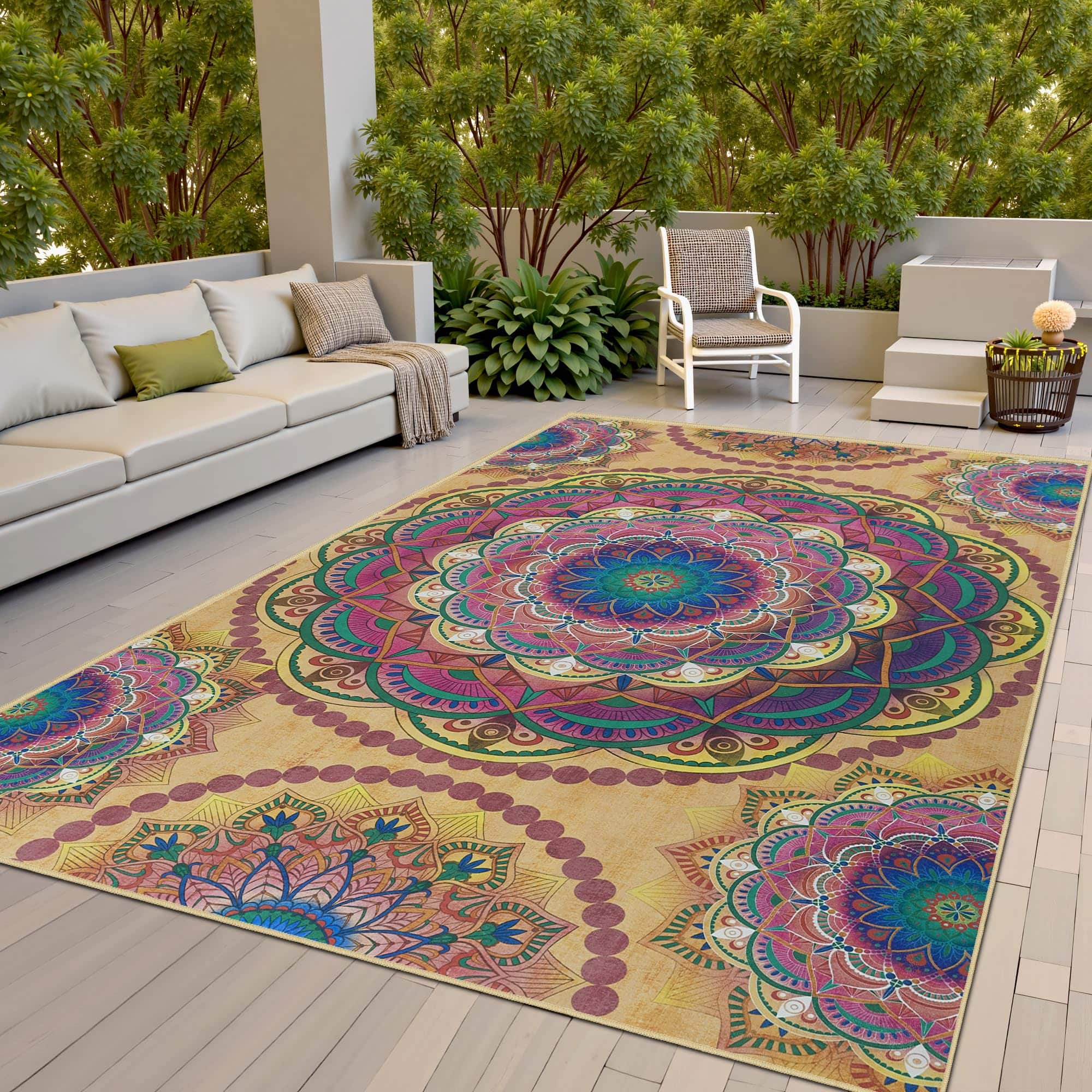 Reds Spade - Meditation Indoor Outdoor Rug Ft Mandala Pattern Boho Style Yoga Mat Picnic For Patio Living Room Porch Gar - Khaki-4 x 6 Feet