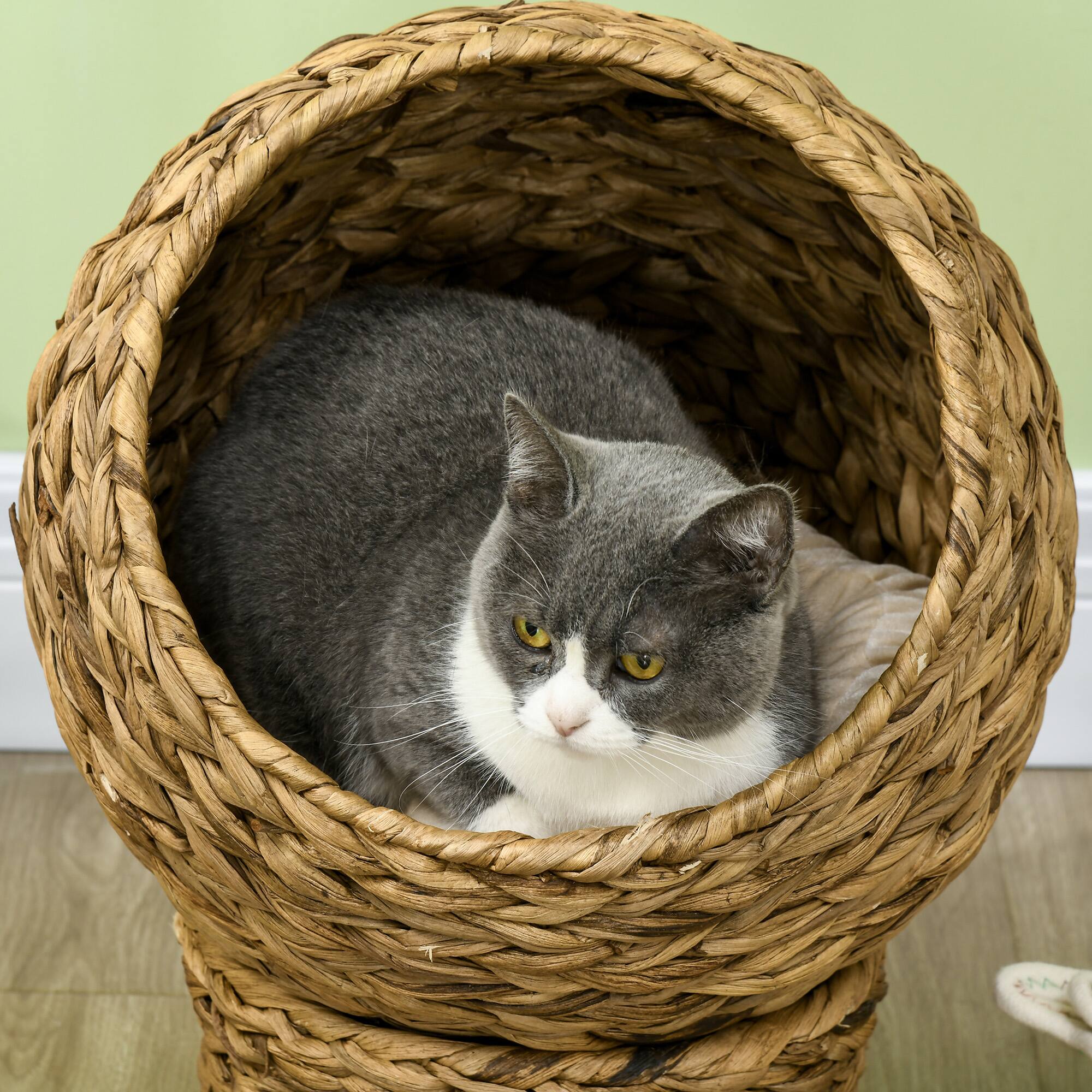 Alt View 4. Pawhut - Handwoven Elevated Cat Bed, Soft Cushion, Cat Egg Chair Shape, with Stand, Raised Wicker, Indoor, 20.5" H.