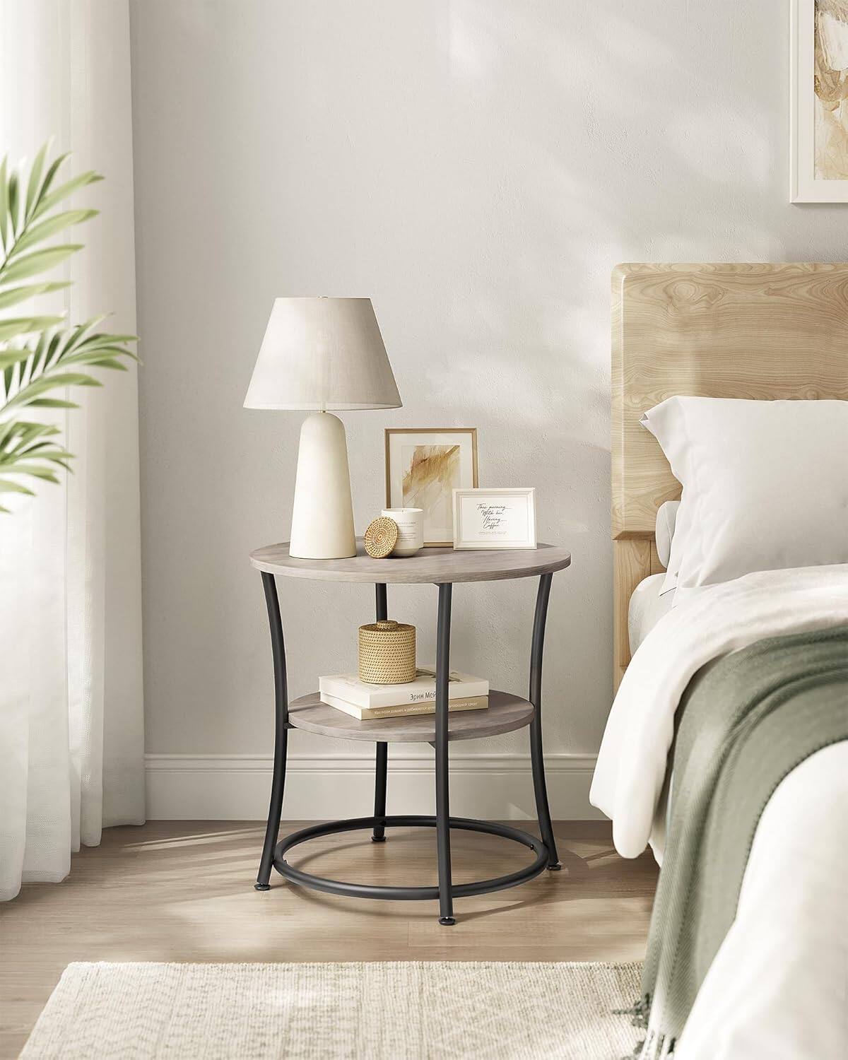 Angle. Songmics Home - VASAGLE Round Side Table with 2 Storage Shelves, Greige and Ink Black - Gray.