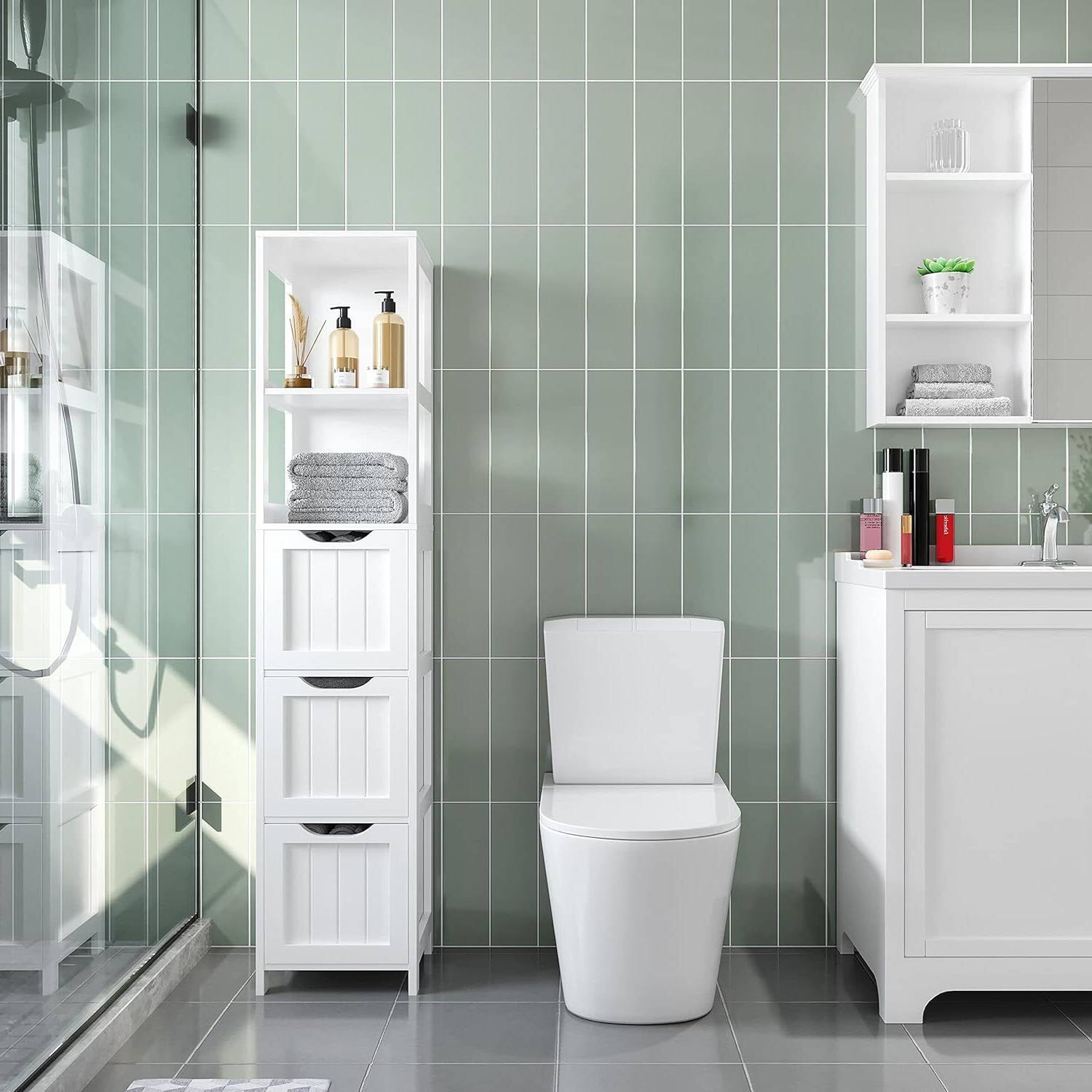 Left. Hivvago - Bathroom Cabinet Tower with 3 Storage Drawers and 2 Shelves in White Wood Finish - White.