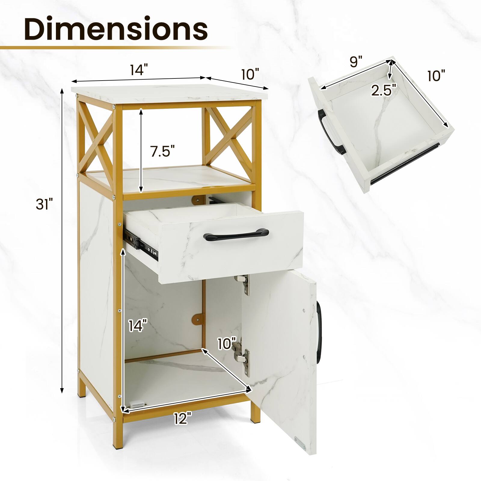 Dimensions: 14" x 10" x 31", 9" x 2.5" x 10", 7.5", 14" x 10" x 12"