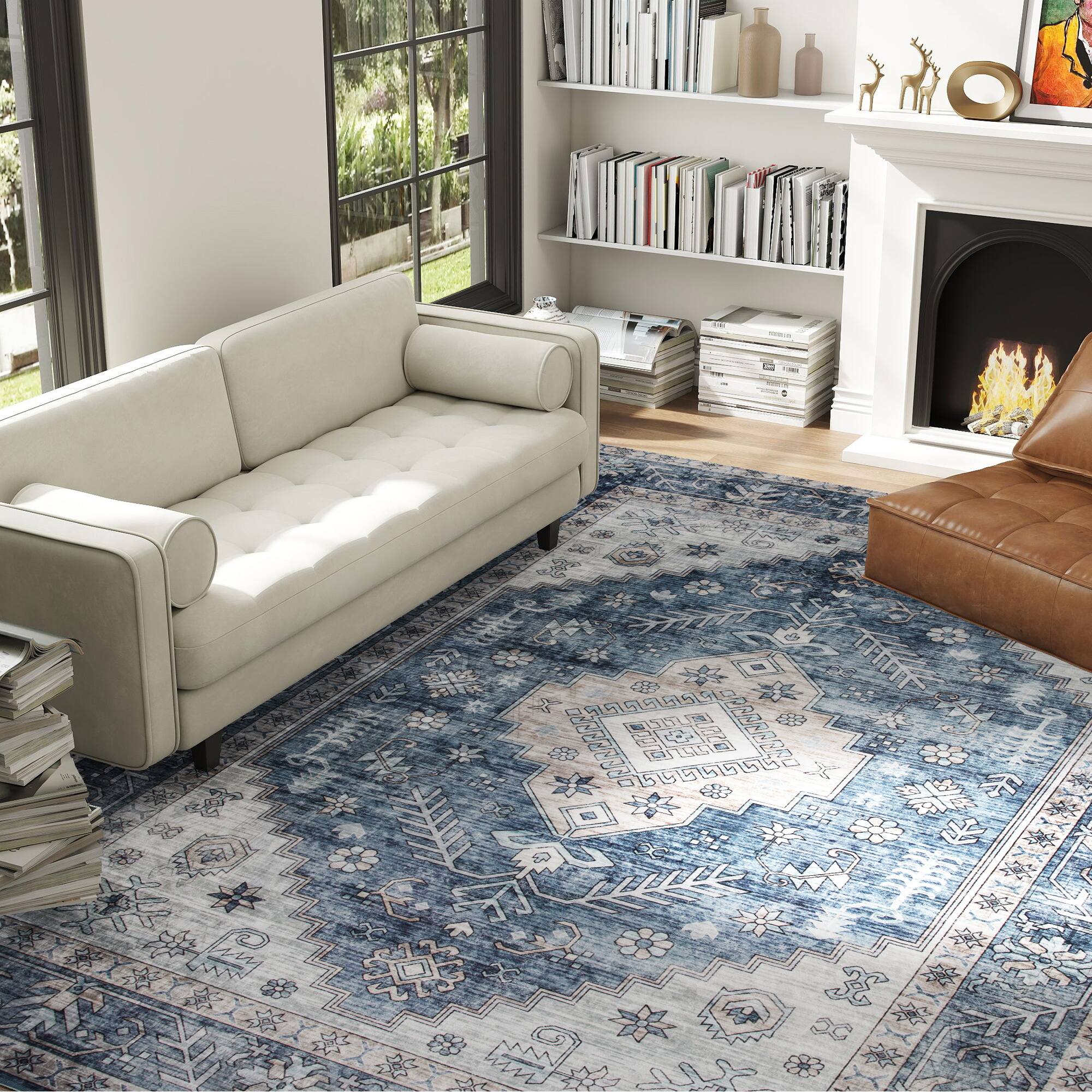 Alt View 2. Homcom - HOMCOM 8x10 Vintage Carpet: Mach-Wash Distress Non-Slip Blue Rug, Indoor Boho High Traffic - Blue.