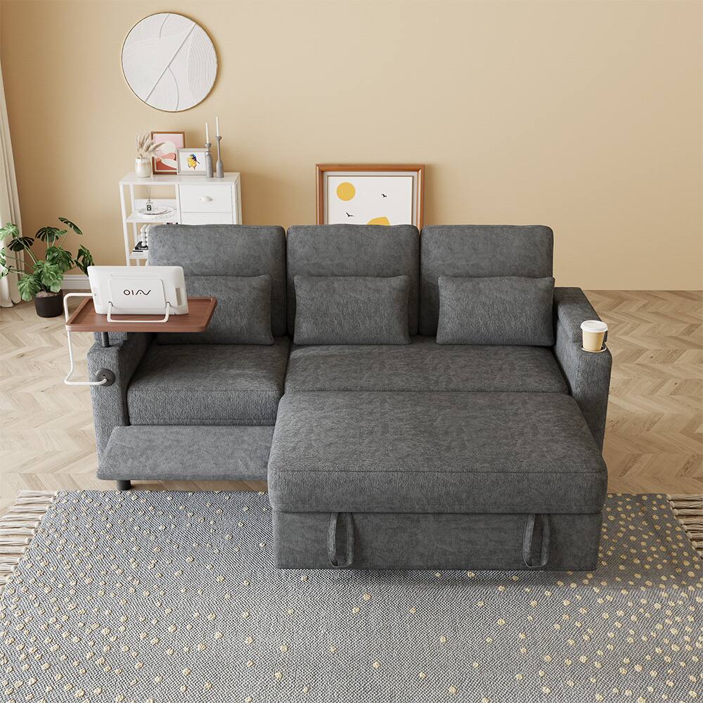 Angle. Anysun - 83" Chenille Fabric Foldable Sofa Bed with Electric Recliner, Adjustable Backrest, Table Board, Armrest Storage - Dark Gray.