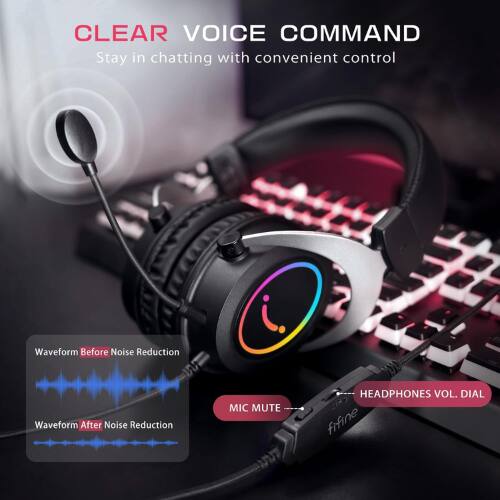CLEAR VOICE COMMAND  
Stay in chatting with convenient control  

Waveform Before Noise Reduction  
Waveform After Noise Reduction  

MIC MUTE  
HEADPHONES VOL. DIAL  

fifine