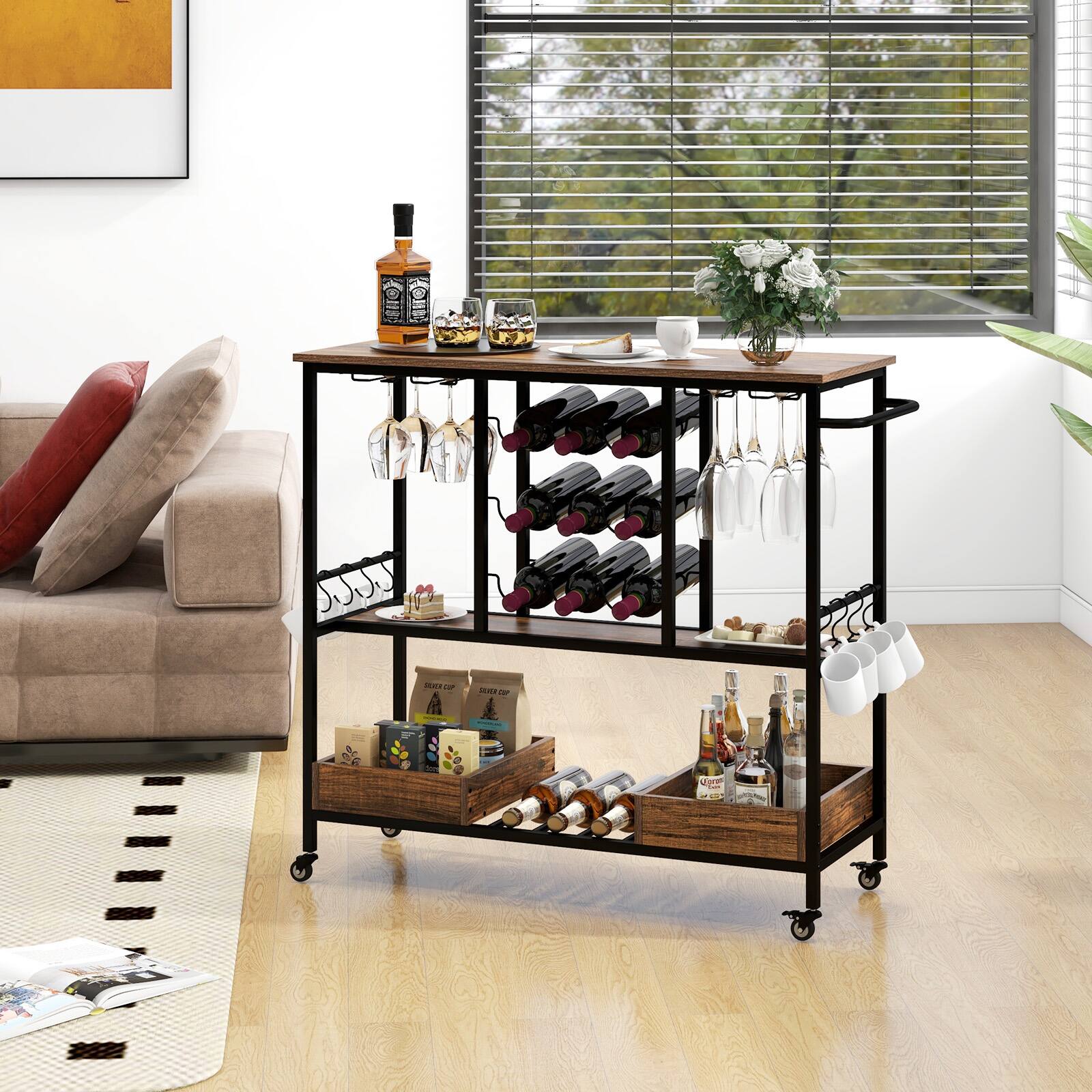 Alt View 7. Ecooso - 3 Tiers Bar Cart on Wheels with Glass Racks - Rustic brown.