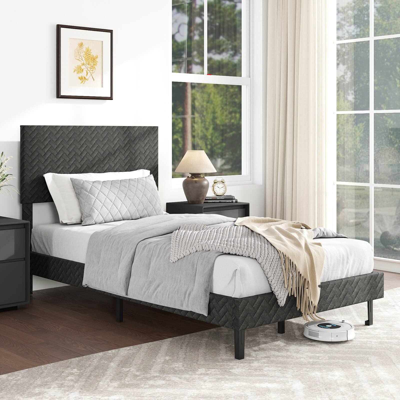 Alt View 1. Costway - Costway Twin Size Bed Frame with Height Adjustable Chevron Headboard, No Box Spring Needed - Gray.