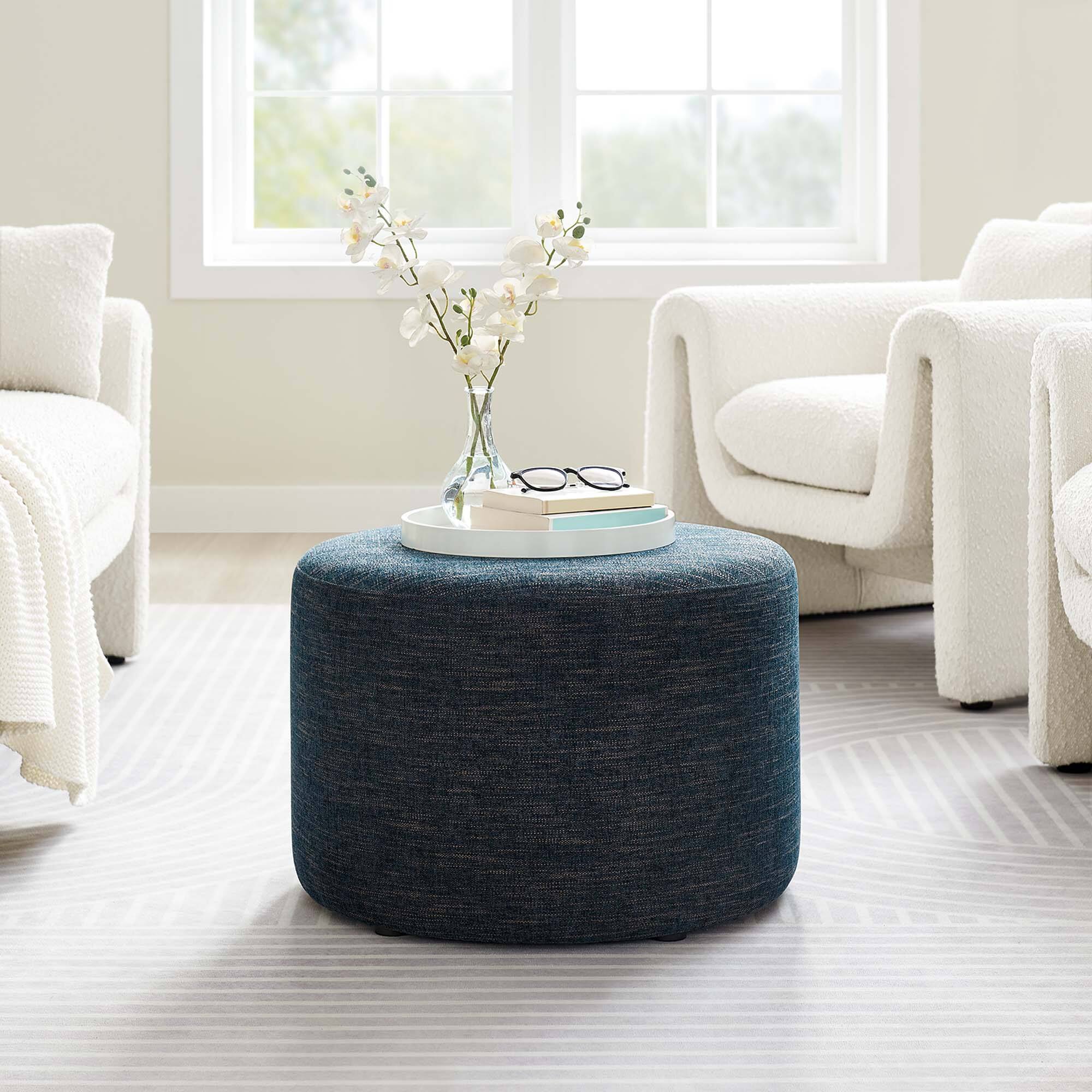 Alt View 1. Modway - Callum Large 23" Round Woven Heathered Fabric Upholstered Ottoman by Modway - Heathered Weave Azure.
