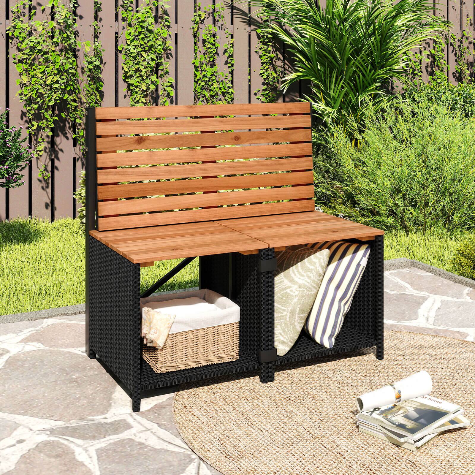 Alt View 5. Costway - Costway 2-in-1 Outdoor Convertible Bench with Metal Frame PE Rattan Table and Chairs Set - Beige.