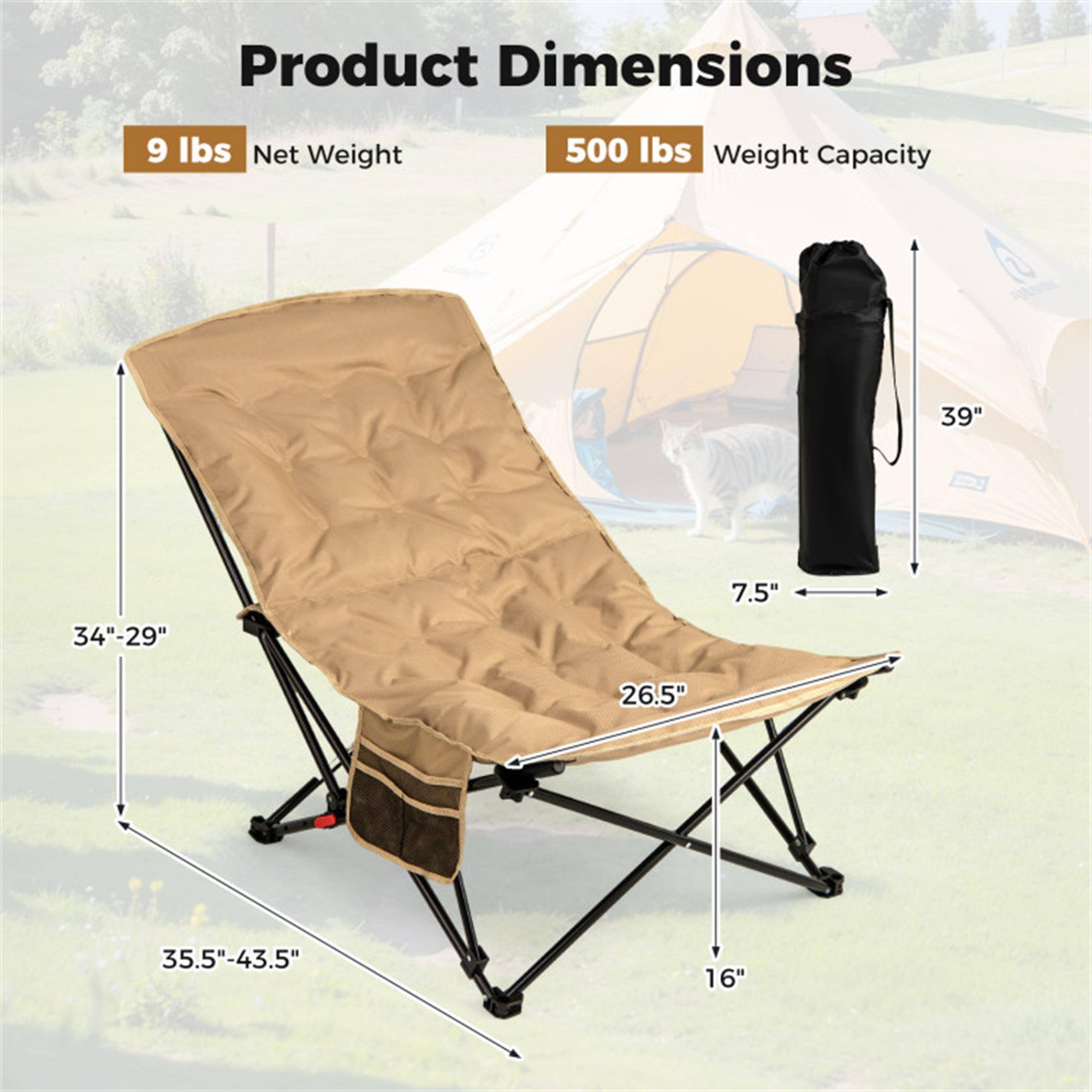 Product Dimensions  
9 lbs Net Weight  
500 lbs Weight Capacity  
39"  
34"-29"  
7.5"  
26.5"  
35.5"-43.5"  
16"