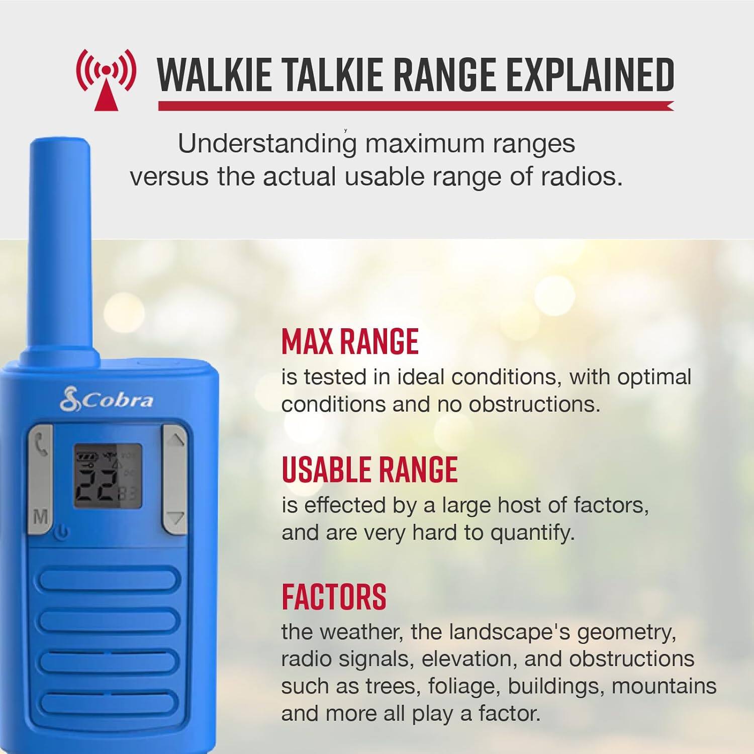 WALKIE TALKIE RANGE EXPLAINED  
Understanding maximum ranges versus the actual usable range of radios.  

MAX RANGE  
is tested in ideal conditions, with optimal conditions and no obstructions.  

USABLE RANGE  
is effected by a large host of factors, and are very hard to quantify.  

FACTORS  
the weather, the landscape's geometry, radio signals, elevation, and obstructions such as trees, foliage, buildings, mountains and more all play a factor.