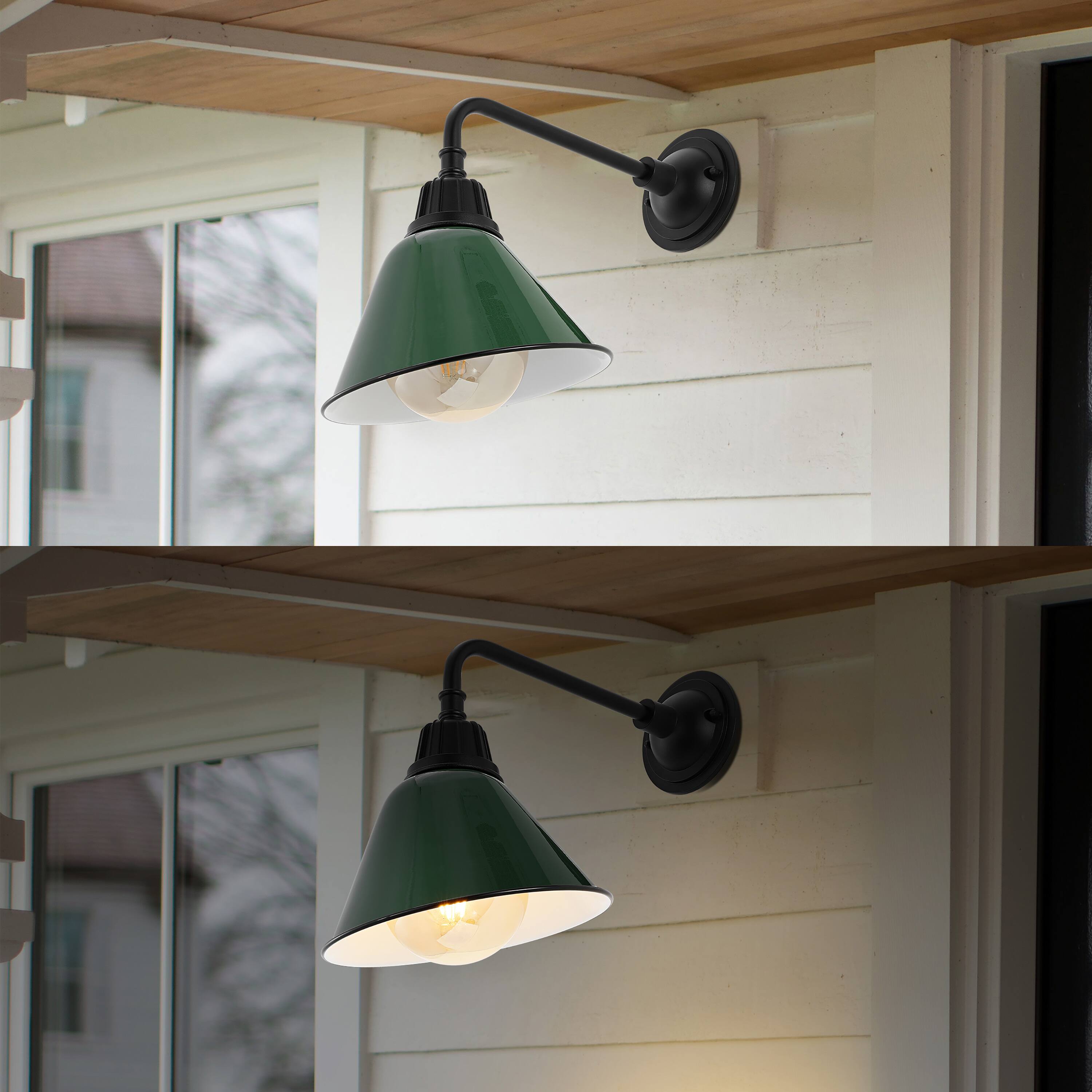 Alt View 3. Jonathan Y - Croydon 9.63" 1-Light Farmhouse Industrial Indoor/Outdoor Iron LED Gooseneck Arm Outdoor Sconce, Green - Green/Black.