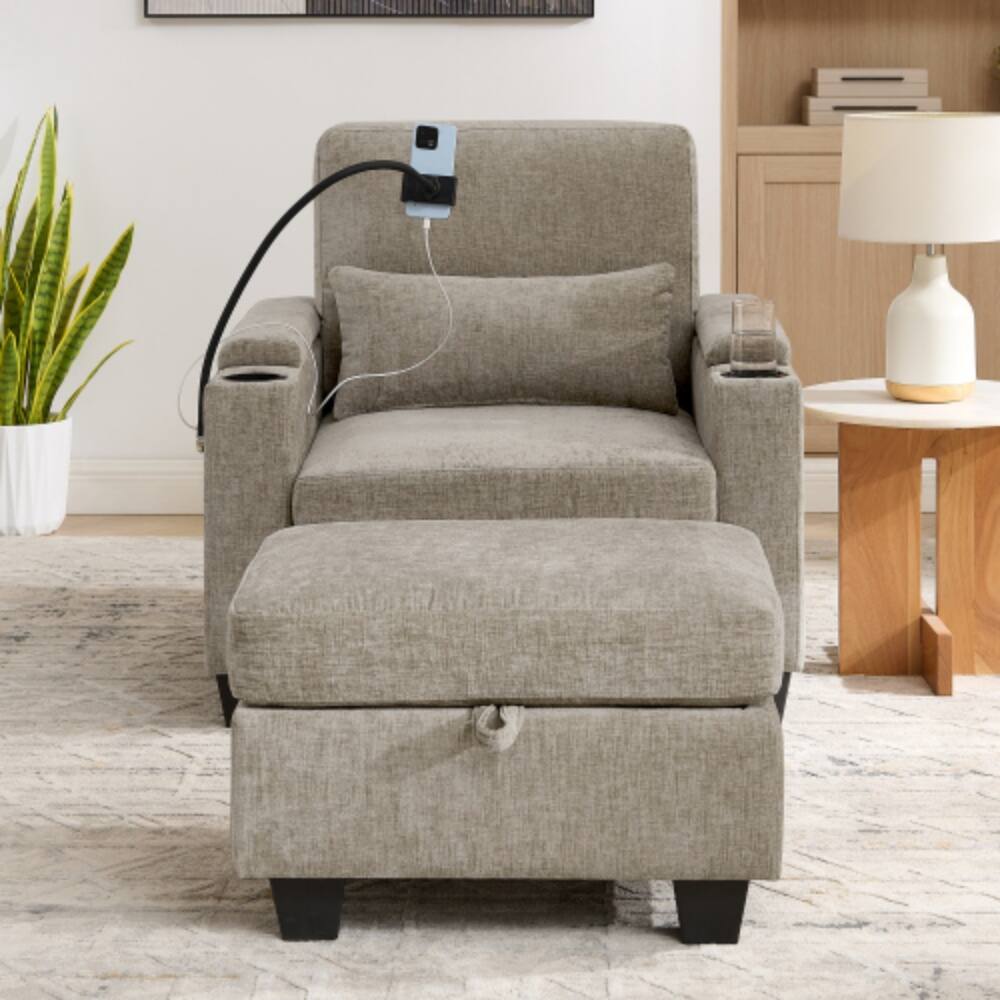 Angle. LUCKY ONE - Single Sofa Recliner w/ Manual Backrest USB Port Cup Holders Hidden Storage Ottoman - Brown.