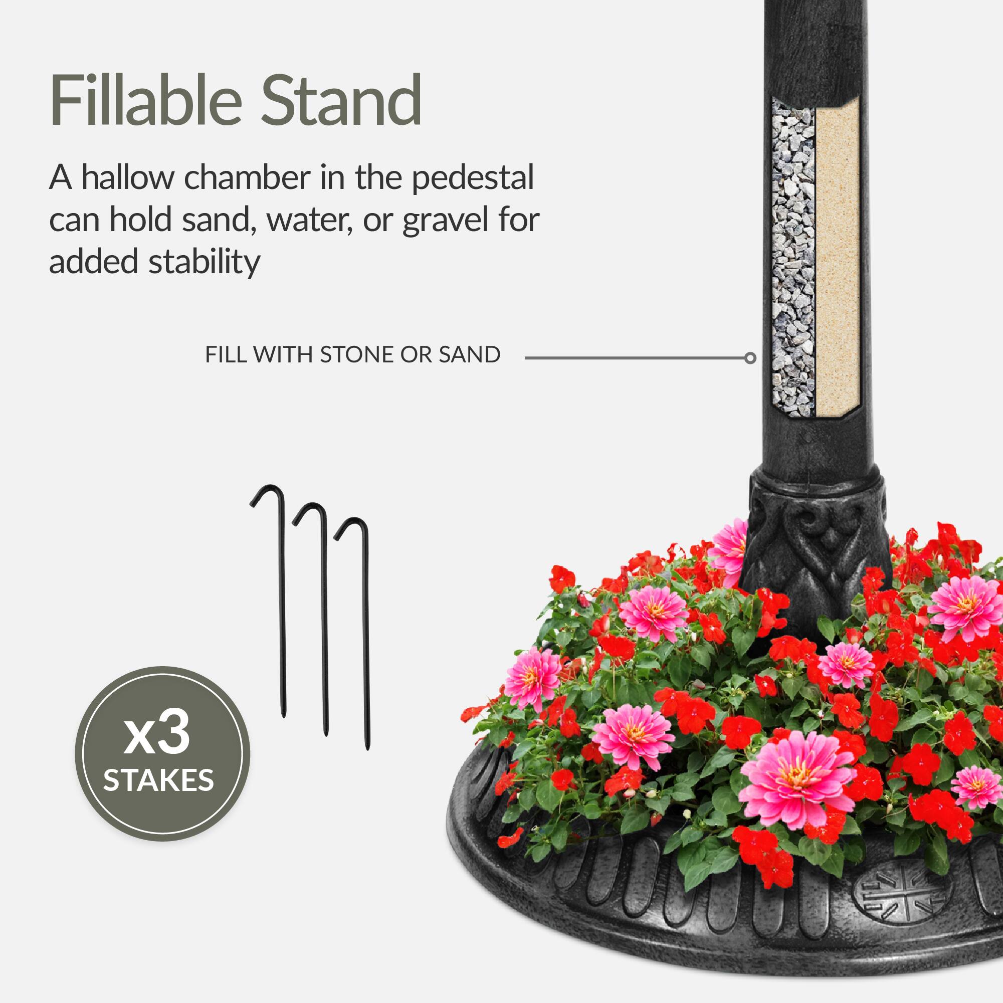 Fillable Stand

A hollow chamber in the pedestal can hold sand, water, or gravel for added stability

FILL WITH STONE OR SAND

x3 STAKES