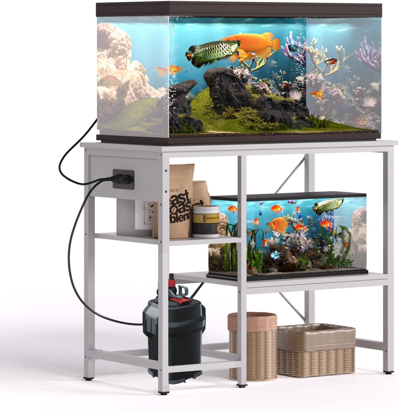 HIMMLINE - 40-50 Gallon Fish Tank Stand With Power Outlet & LED Light, Metal Aquarium Stand, 3 Tier Adjustable Storage Shelves - White