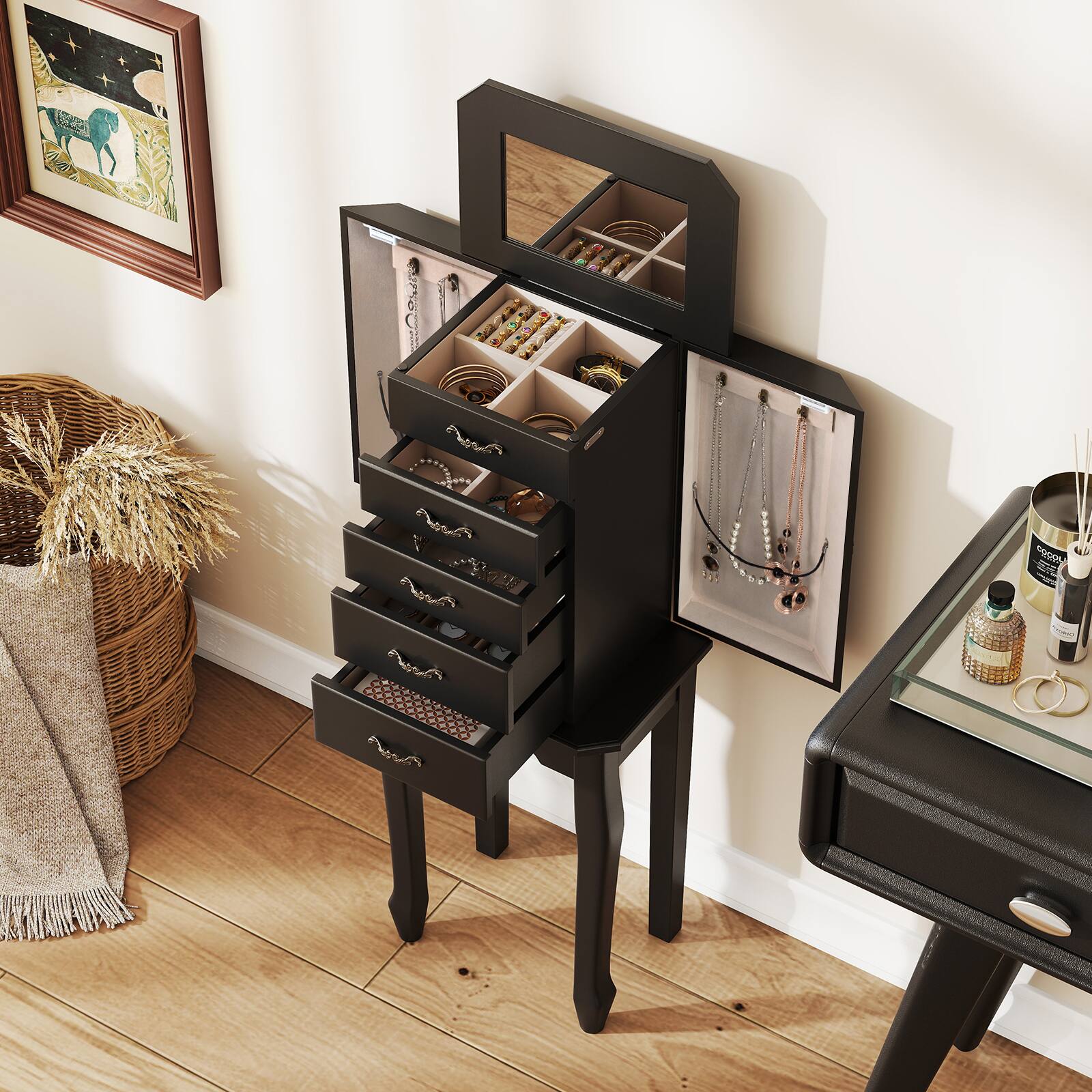 Alt View 1. Gymax - Gymax Jewelry Wood Cabinet Armoire Storage Box Chest St& Organizer Christmas Gift Black - Black.