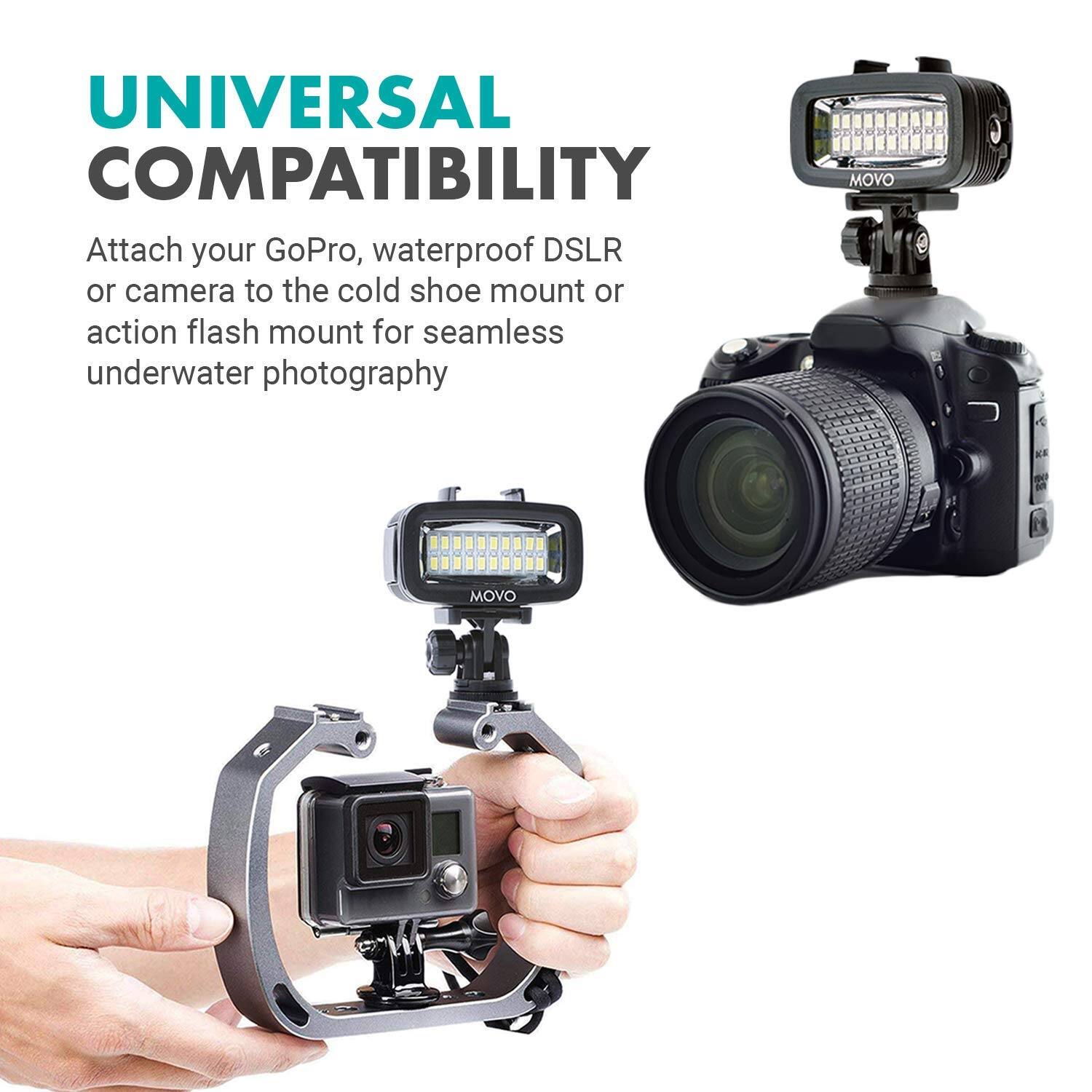 UNIVERSAL COMPATIBILITY

Attach your GoPro, waterproof DSLR or camera to the cold shoe mount or action flash mount for seamless underwater photography