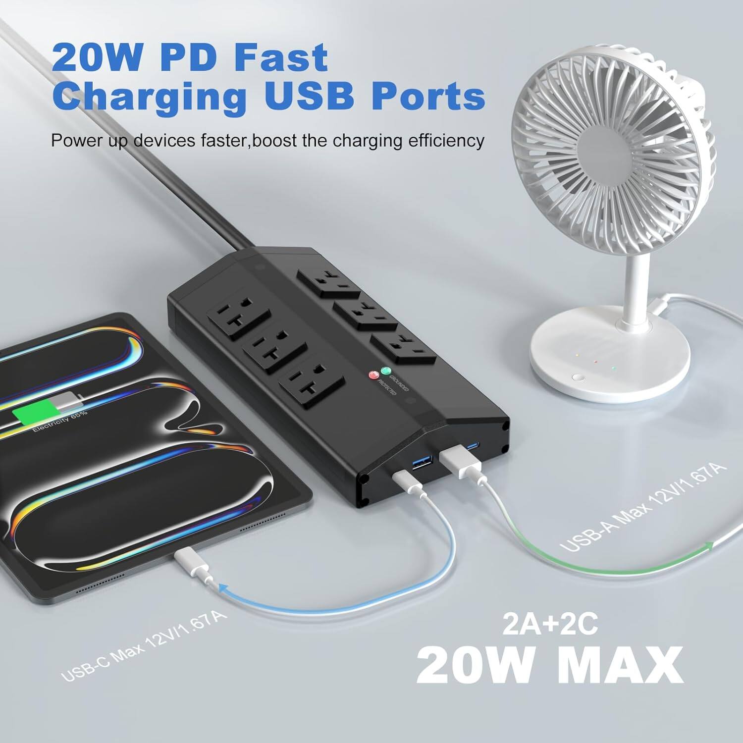 20W PD Fast Charging USB Ports  
Power up devices faster, boost the charging efficiency  

USB-A Max 12V/1.67A  
USB-C Max 12V/1.67A  

2A+2C  
20W MAX