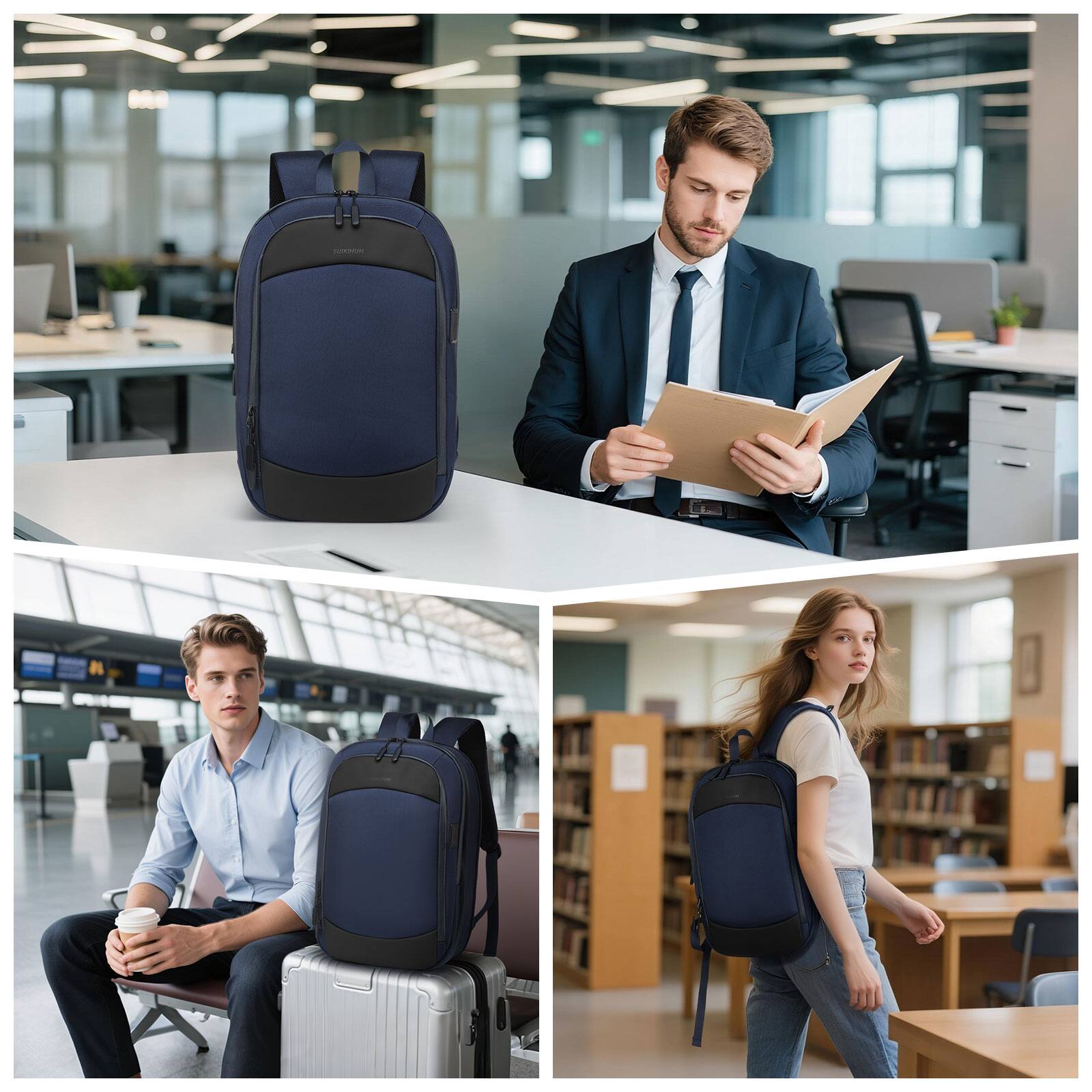 Alt View 6. Unique Bargains - Slim 15.6" Expandable Business Travel Laptop Backpack, Shock-Absorbing Protection, Water-Resistant Zippers - Blue.