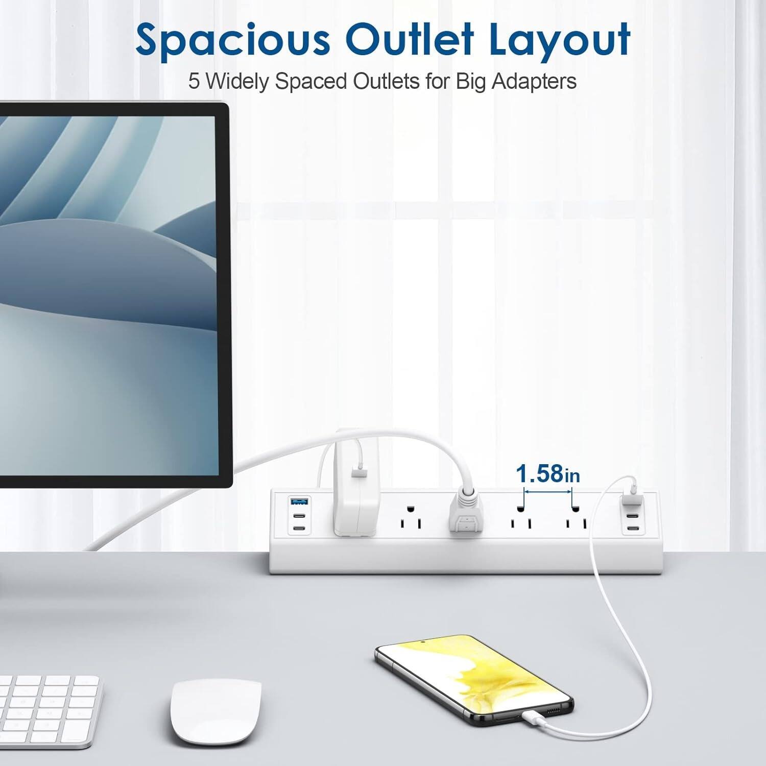 Spacious Outlet Layout  
5 Widely Spaced Outlets for Big Adapters  
1.58in