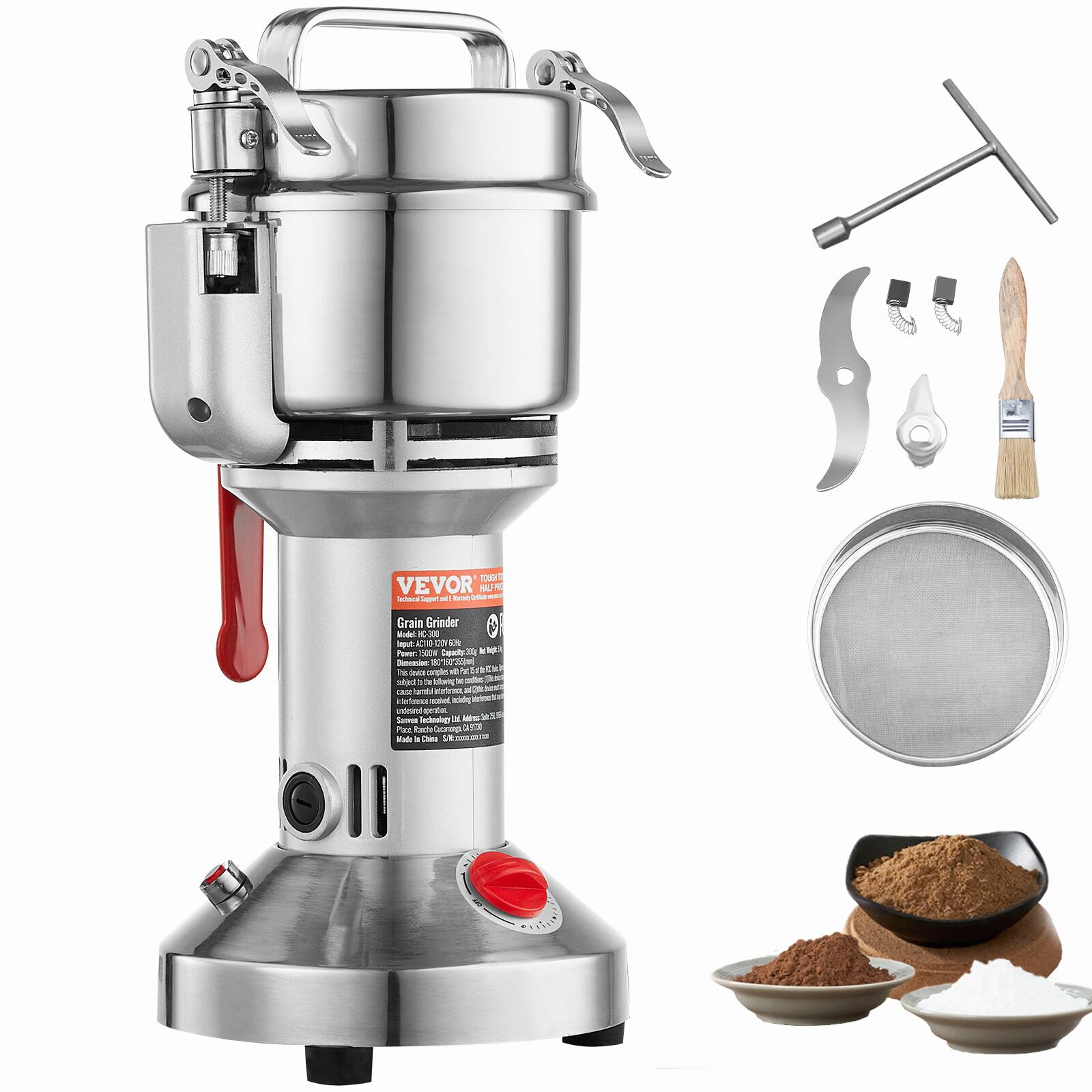 VEVOR - 300g Electric Grain Mill Grinder, High Speed 1500W Commercial Spice Grinders, Stainless Steel Pulverizer Powder Machine - Silver