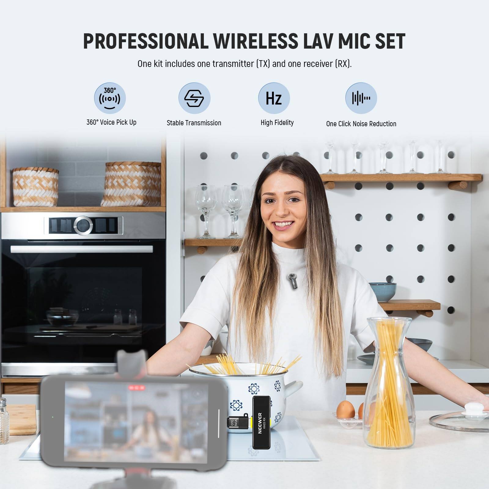 PROFESSIONAL WIRELESS LAV MIC SET

One kit includes one transmitter (TX) and one receiver (RX).

- 360° Voice Pick Up
- Stable Transmission
- High Fidelity
- One Click Noise Reduction