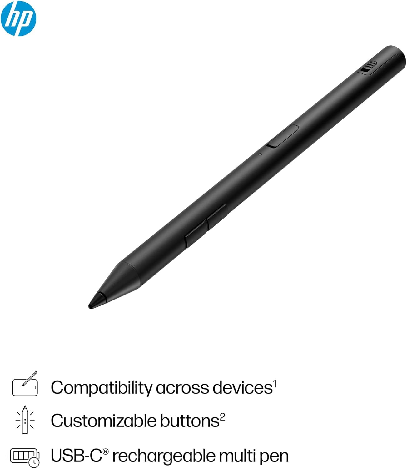 hp (IID)  
Compatibility across devices¹  
Customizable buttons²  
USB-C® rechargeable multi pen