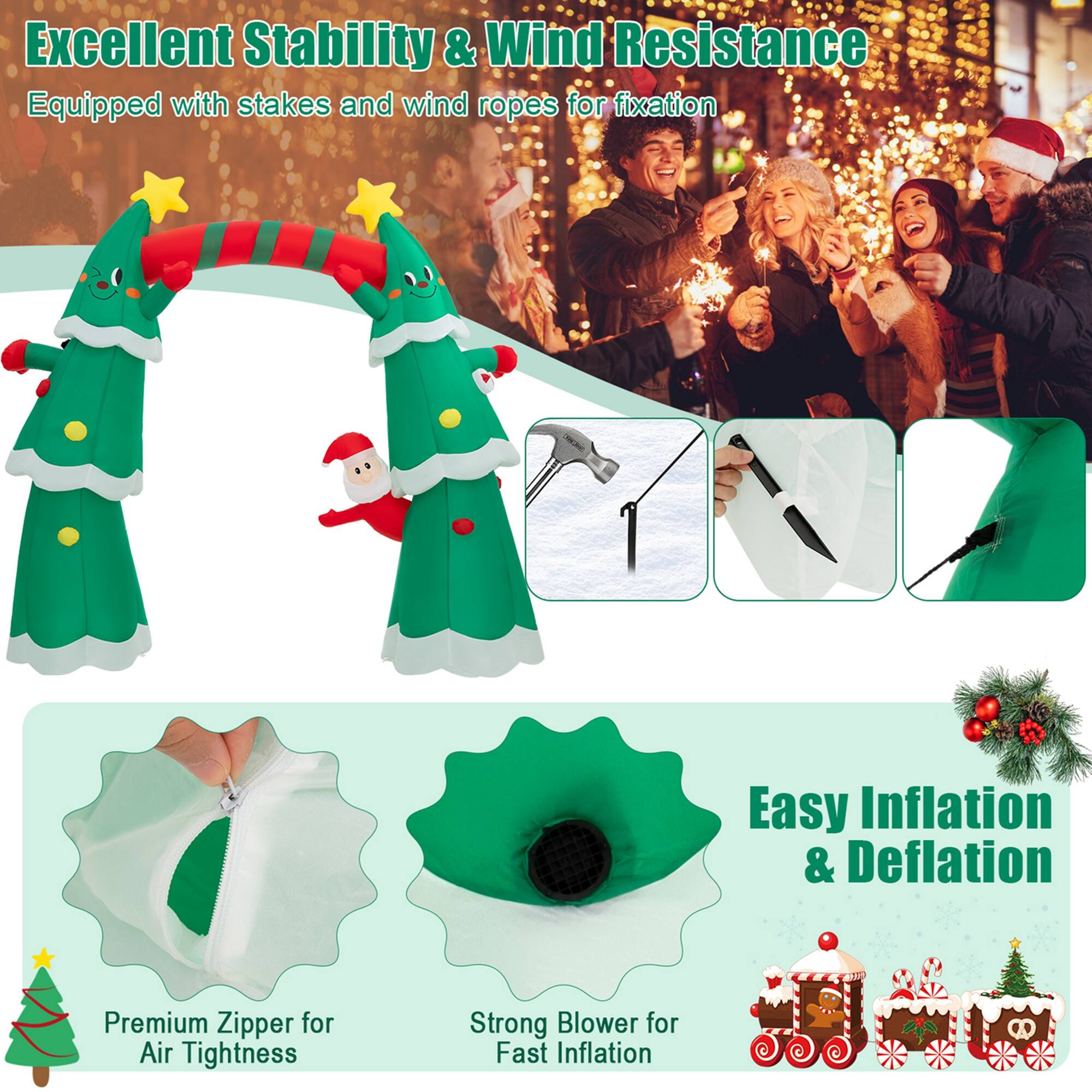 Excellent Stability & Wind Resistance Equipped with stakes and wind ropes for fixation Easy Inflation & Deflation Premium Zipper for Air Tightness Strong Blower for Fast Inflation