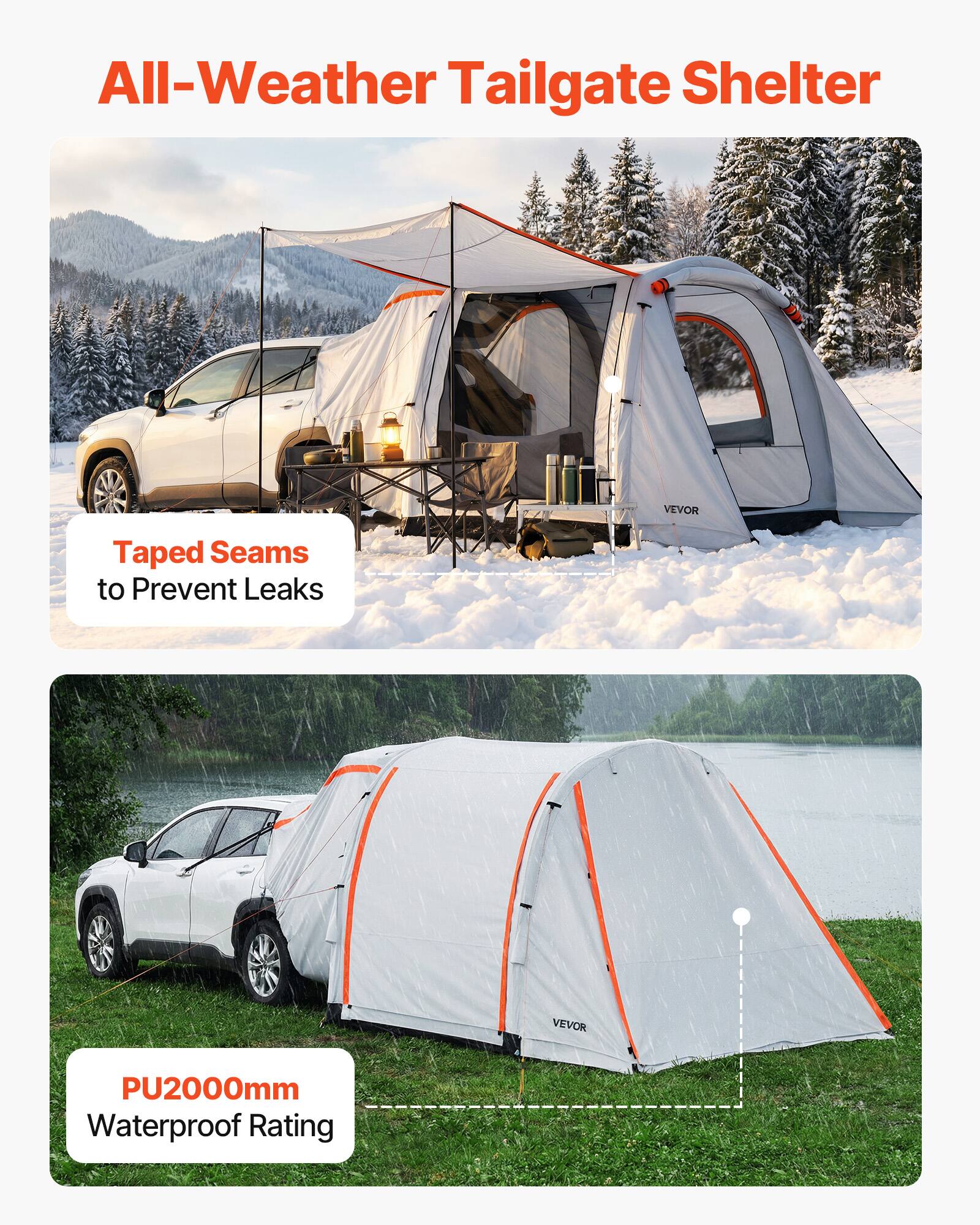 All-Weather Tailgate Shelter

VEVOR Taped Seams to Prevent Leaks

VEVOR PU2000mm Waterproof Rating