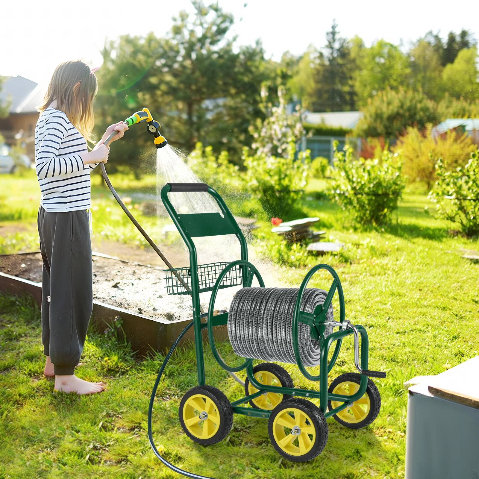 Alt View 3. Gymax - Gymax Garden Hose Reel Cart 300 FT of 5/8'' Large Capacity Heavy-Duty Metal Hose Cart Green - Green.