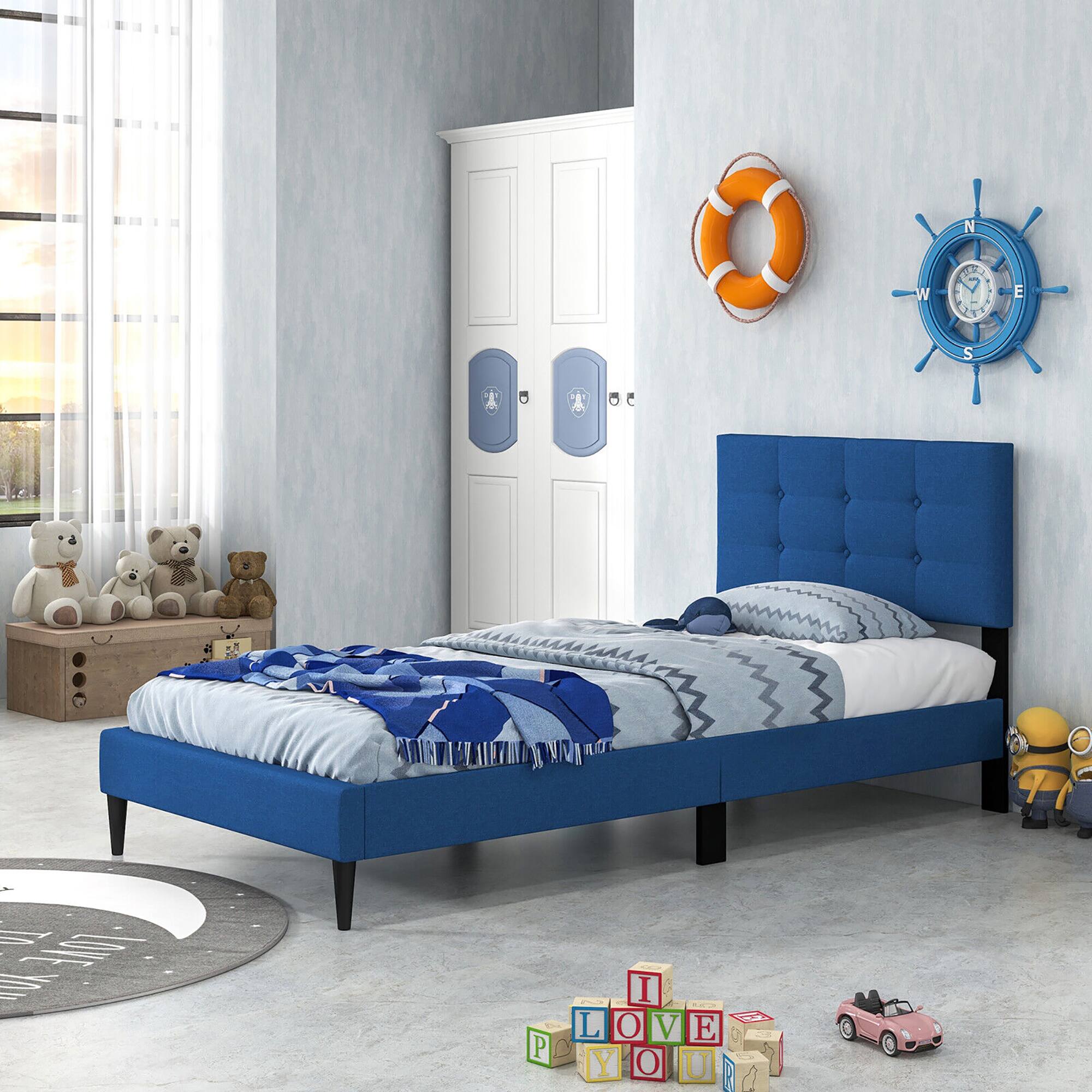 Alt View 3. Gymax - Gymax Twin Upholstered Platform Bed Mattress Foundation Button Tufted Headboard Blue - Blue.
