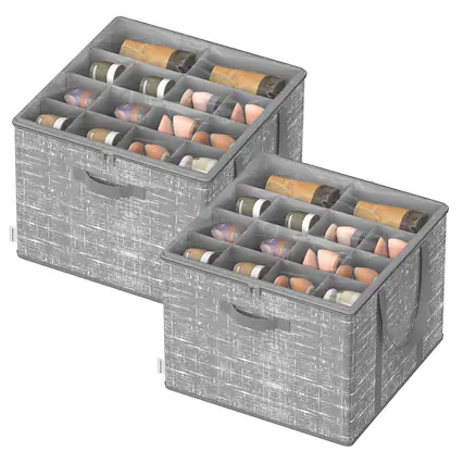 Front. Songmics Home - Shoe Organizer for Closet, Set of 2, Shoe Storage Box with Clear Lid, Foldable Fabric Bins, Holds 32 Pairs Total - Cattail Gray.