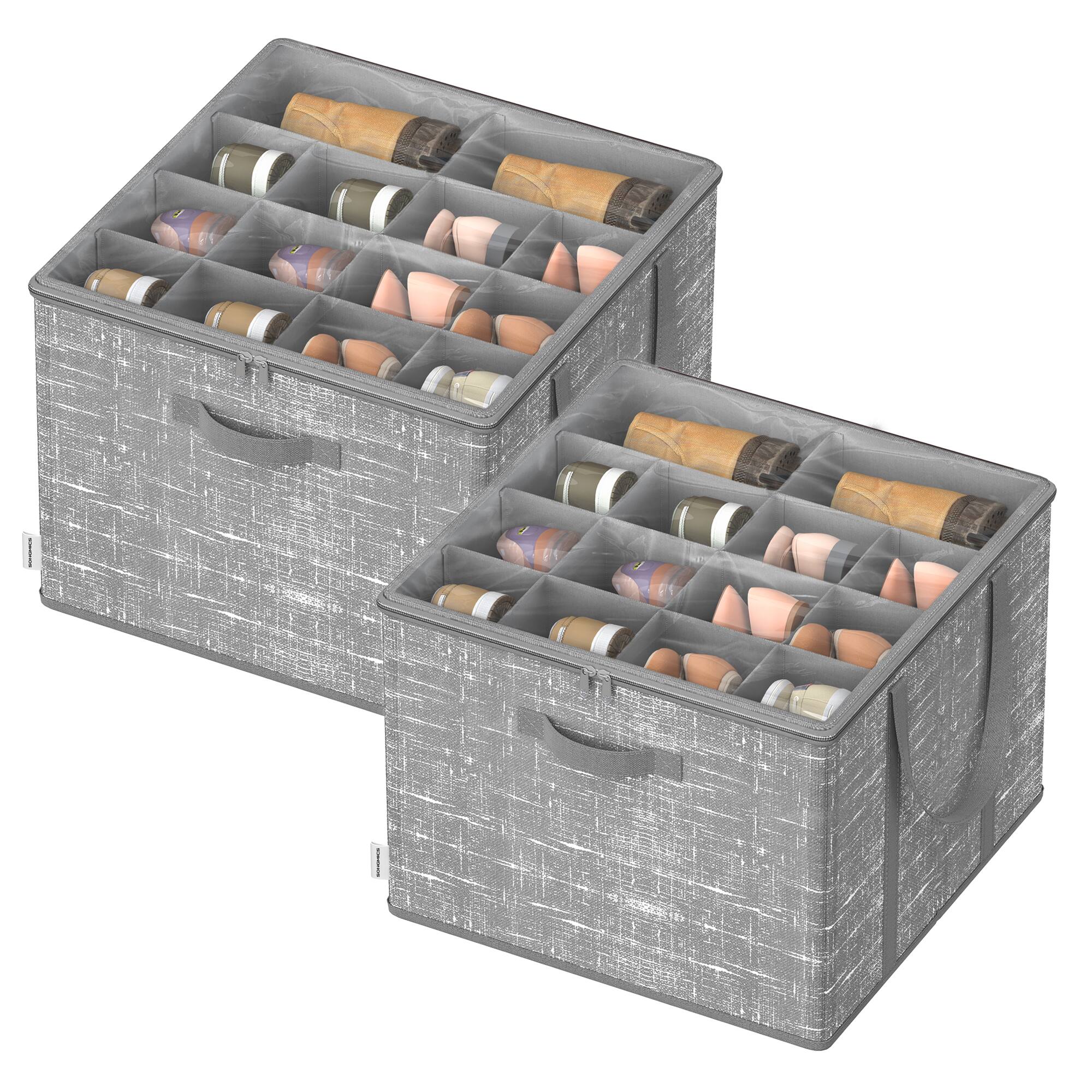 Front. Songmics Home - Shoe Organizer for Closet, Set of 2, Shoe Storage Box with Clear Lid, Foldable Fabric Bins, Holds 32 Pairs Total - Cattail Gray.
