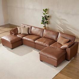 Dyonery - 160" PU Sofa, ideal for family living rooms, modern U-shaped sectional sofa with convertible ottoman, modular sofa. - Brown