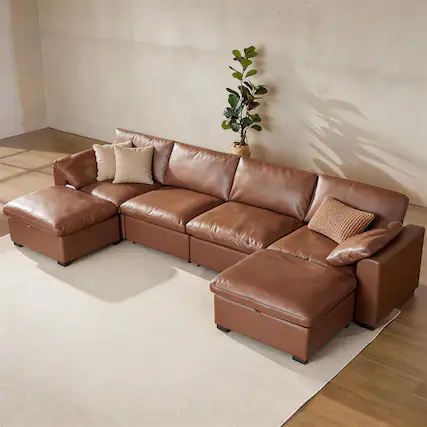 Front. Dyonery - 160" PU Sofa, ideal for family living rooms, modern U-shaped sectional sofa with convertible ottoman, modular sofa. - Brown.