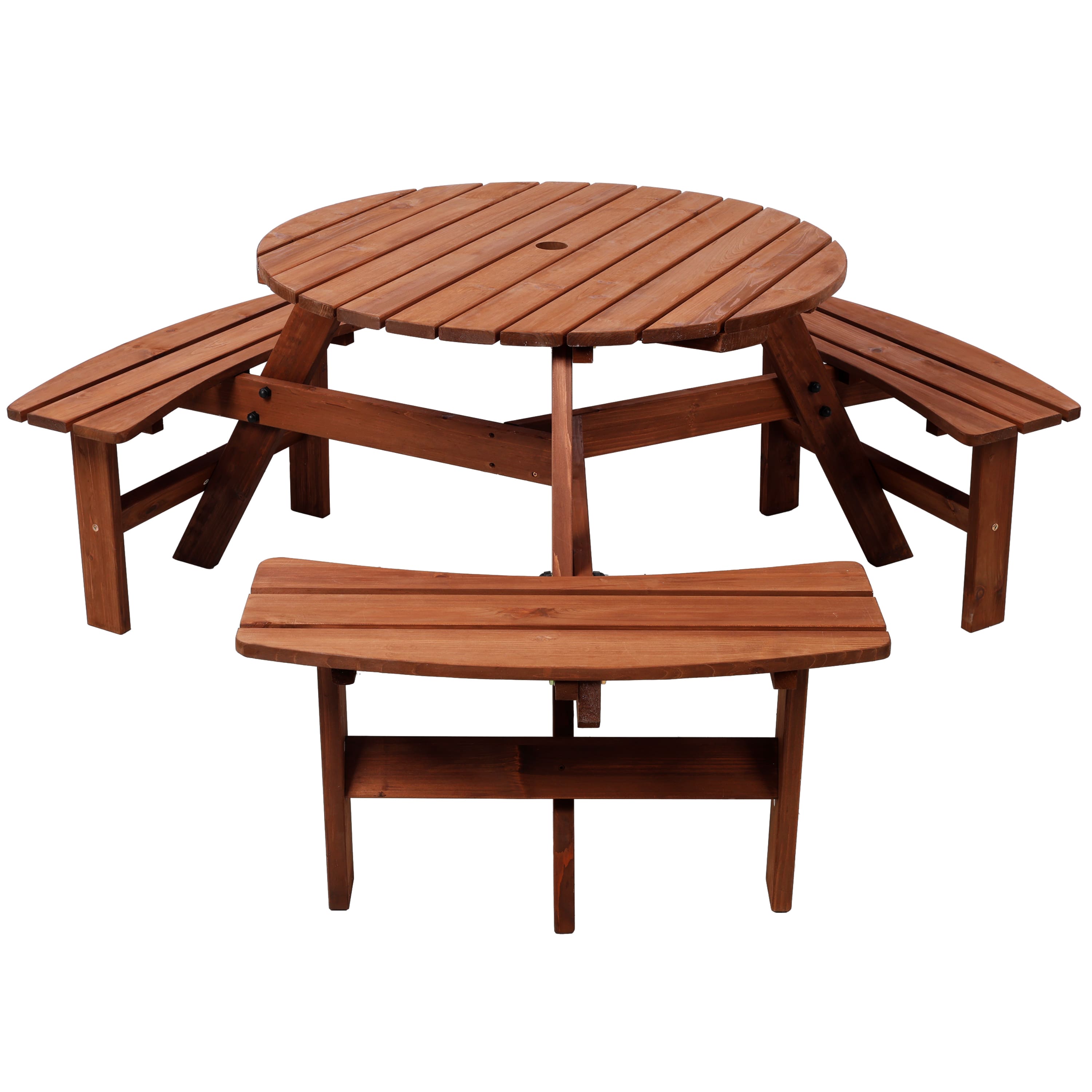 GOODSILO - 6-Person Fir Wood Picnic Table with 3 Built-in Benches and Umbrella Hole for Outdoor Garden Patio Backyard Use - Brown
