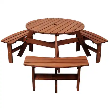 Front. GOODSILO - 6-Person Fir Wood Picnic Table with 3 Built-in Benches and Umbrella Hole for Outdoor Garden Patio Backyard Use - Brown.