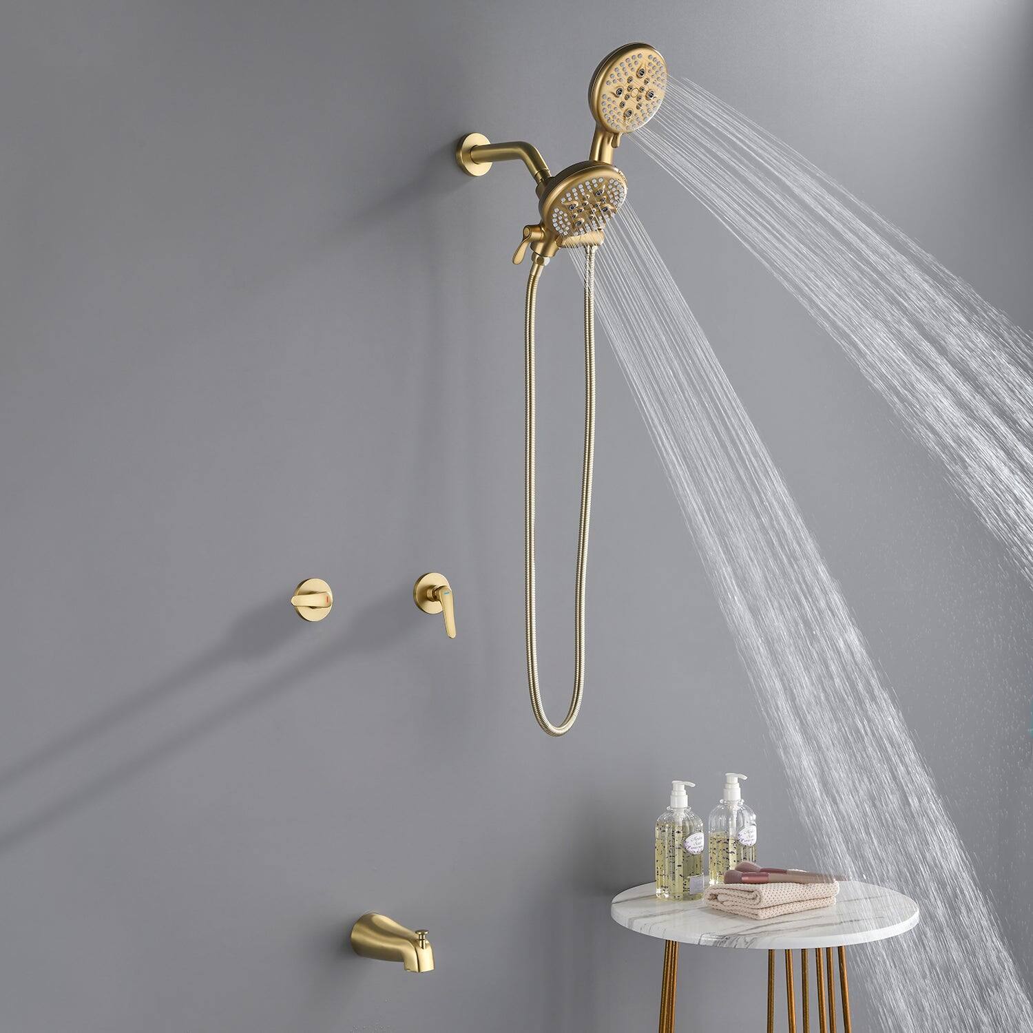 Alt View 3. Boyel Living - Brushed Gold Shower Set with Dual Handles 5 Function Dual ABS Shower Heads and Tub Spout - Brushed Gold.