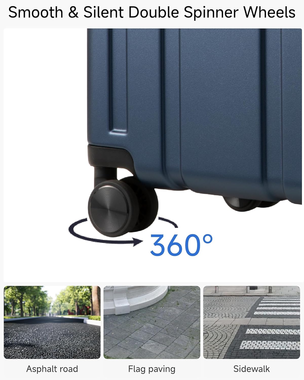 Smooth & Silent Double Spinner Wheels

360°

Asphalt road  
Flag paving  
Sidewalk