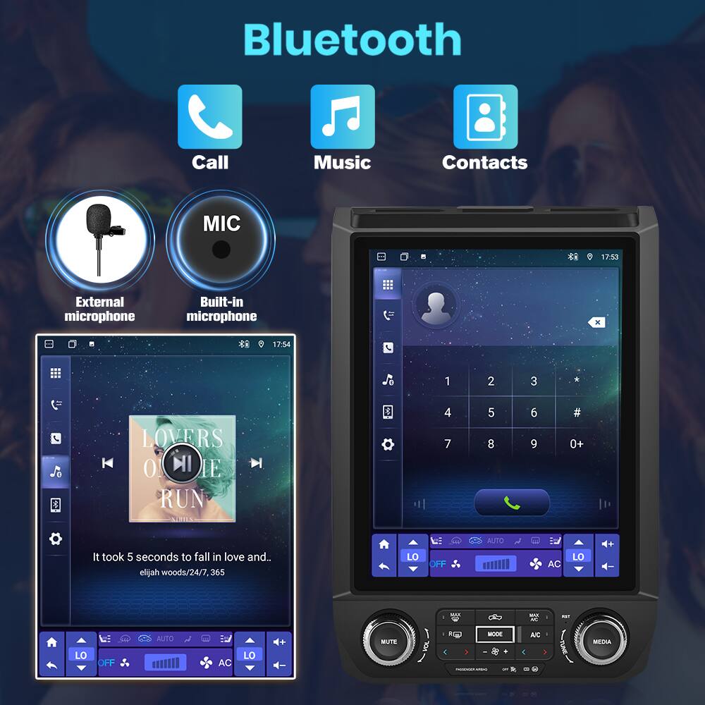 Bluetooth  
Call Music Contacts  
MIC  
External microphone  
Built-in microphone  

17:53  
1 2 3 *  
LOVERS  
0 NI IE RUN ATBIEK  
4 5 6 7 8 9 # 0+  

It took 5 seconds to fall in love and..  
elijah woods/24/7, 365  

LO OFF AUTO AC LO  
MUTE - R MODE - - - A/C  
MEDIA  

LO OFF AUTO AC LO MUTE - R MODE - - - A/C