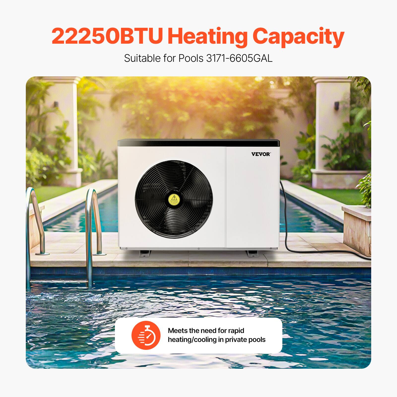 22250BTU Heating Capacity  
Suitable for Pools 3171-6605GAL  

Meets the need for rapid heating/cooling in private pools