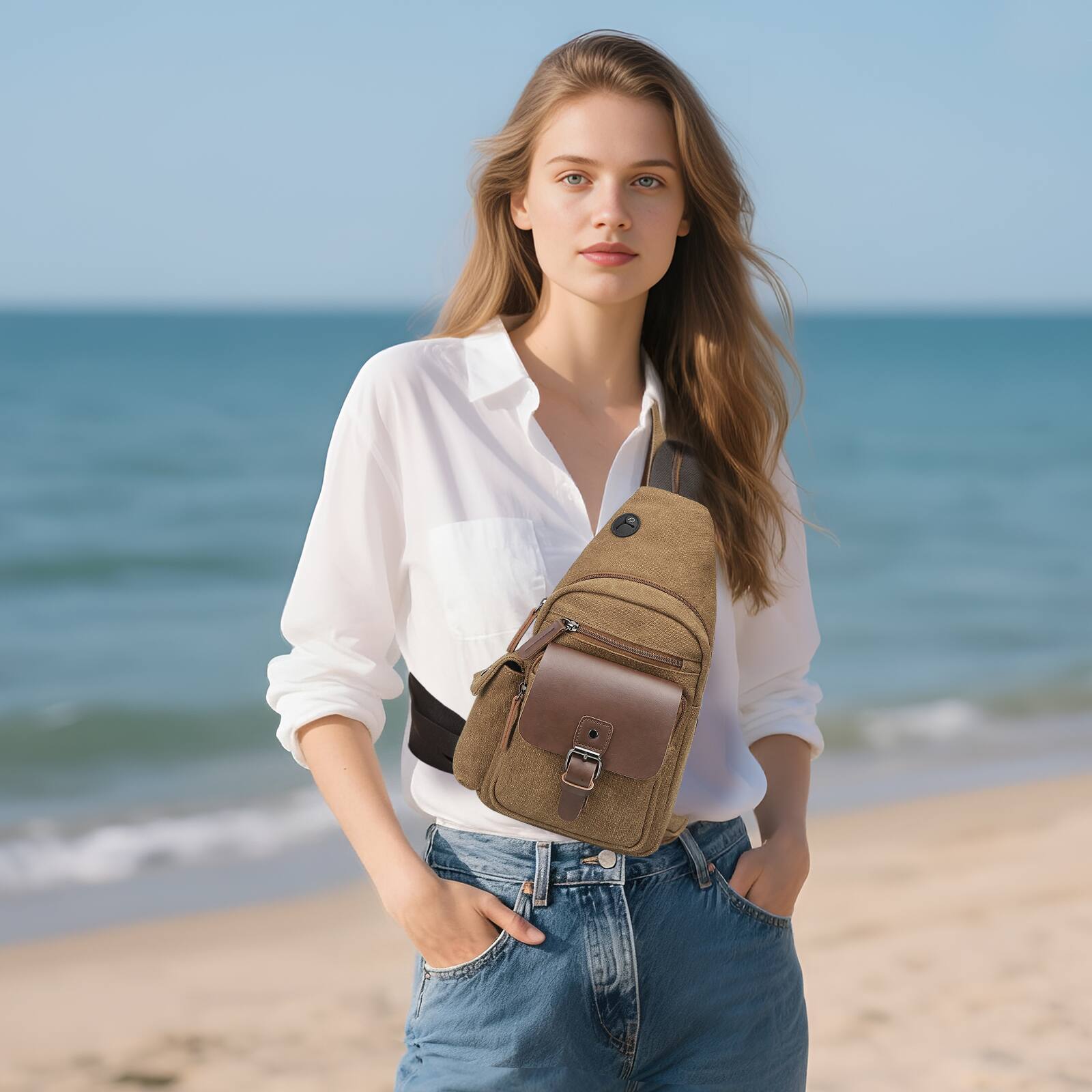 Alt View 1. Unique Bargains - Canvas Sling Bag Crossbody Backpack Vintage Shoulder Bag W/Leather Accents for Outdoor Cycling Hiking Travel - Coffee.