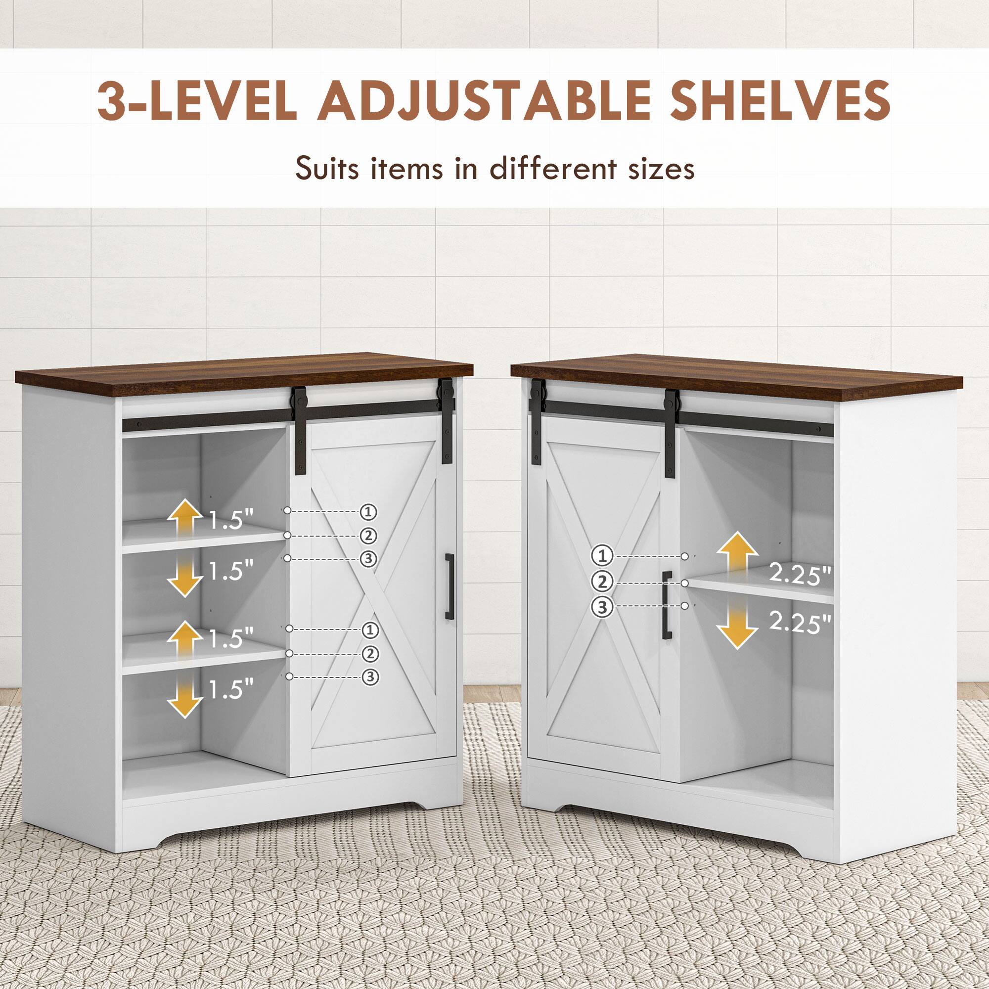 3-LEVEL ADJUSTABLE SHELVES  
Suits items in different sizes  

1.5"  
1.5"  
1.5"  
1.5"  

2.25"  
2.25"