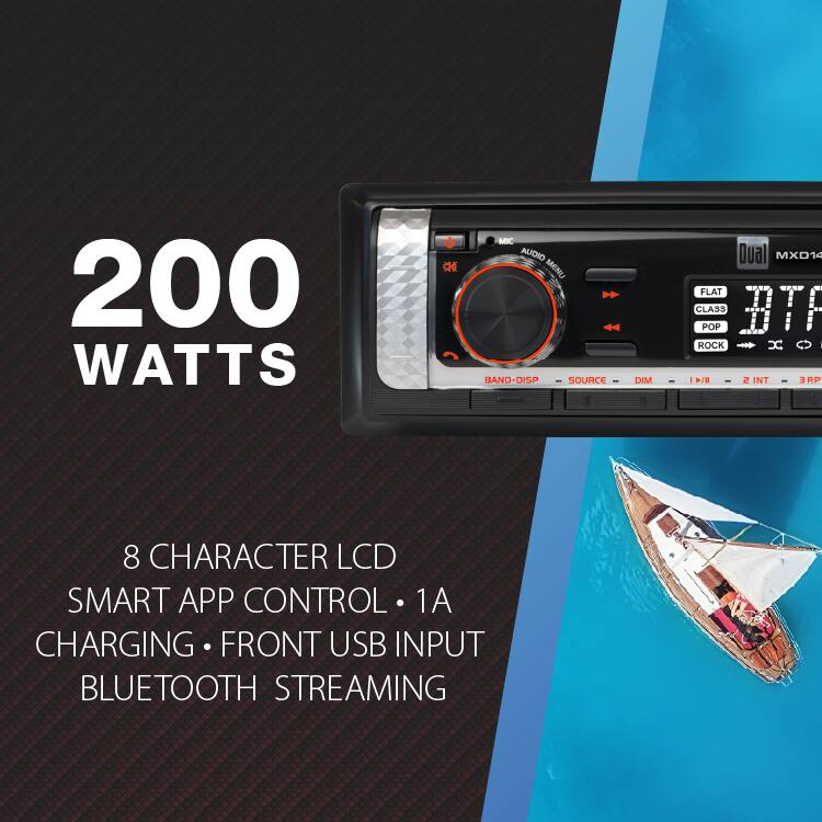 200 WATTS

MIC ALIDIO MENU BAND-DISP SOURCE DIM

Dual MXD14 FLAT CLASS BTF POP ROCK x I 2 INT 3RP

8 CHARACTER LCD SMART APP CONTROL 1A CHARGING FRONT USB INPUT BLUETOOTH STREAMING