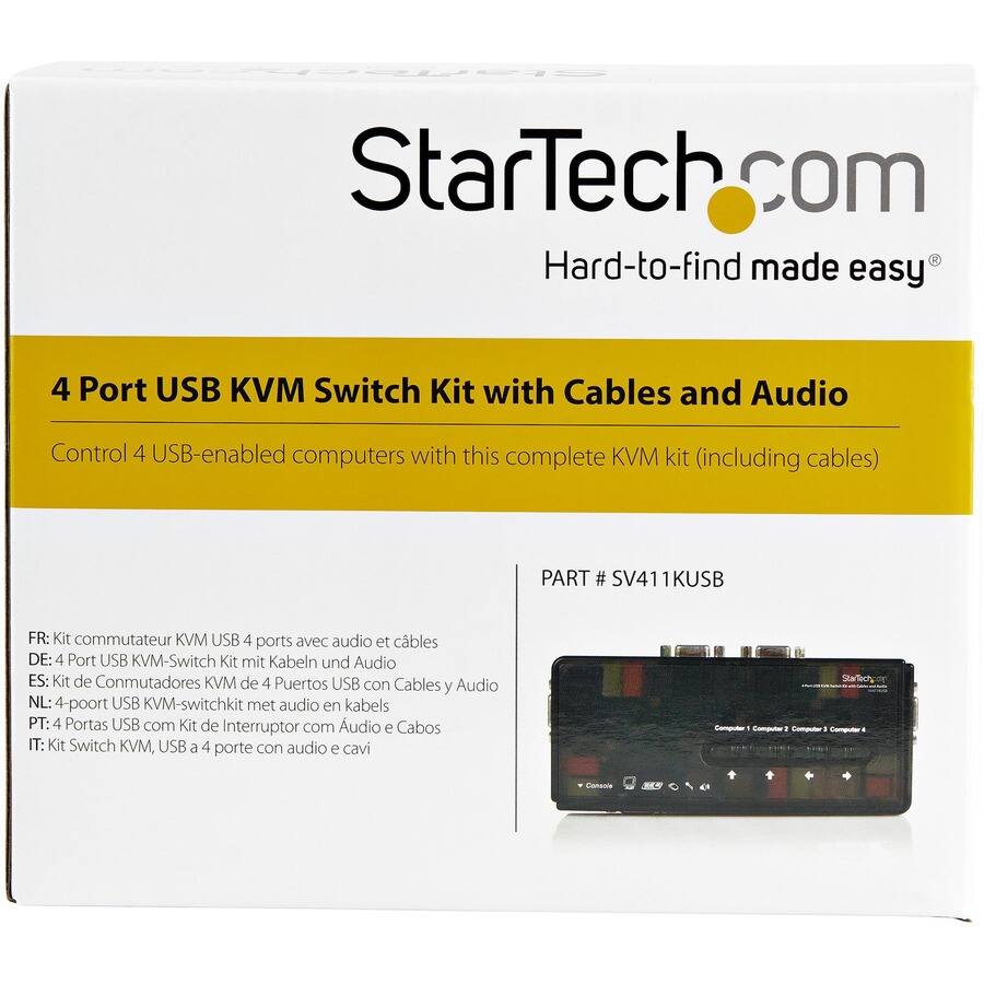 StarTech.com Hard-to-find made easy

4 Port USB KVM Switch Kit with Cables and Audio
Control 4 USB-enabled computers with this complete KVM kit (including cables)
PART # SV411KUSB

FR: Kit commutateur KVM USB 4 ports avec audio et câbles
DE: 4 Port USB KVM-Switch Kit mit Kabeln und Audio
ES: Kit de Conmutadores KVM de 4 Puertos USB con Cables Audio y
NL: 4-poort USB KVM-switchkit met audio en kabels
PT: 4 Portas USB com Kit de Interruptor com Audio e Cabos
IT: Kit Switch KVM, USB a 4 porte con audio e cavi

StarTech.com
Computer 1 Computer 2 Computer 3 Computer 4
Console
