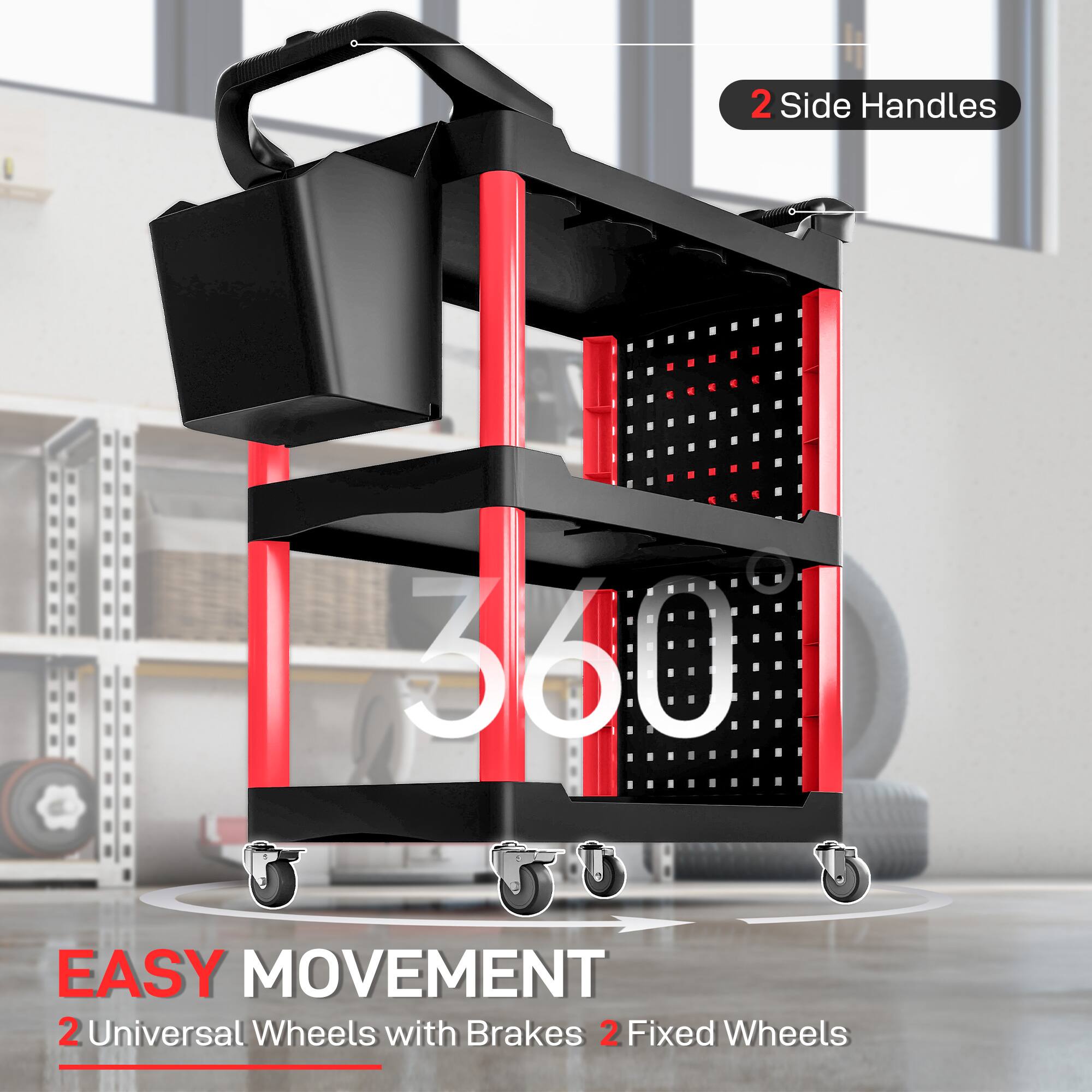 2 Side Handles  
360° EASY MOVEMENT  
2 Universal Wheels with Brakes  
2 Fixed Wheels