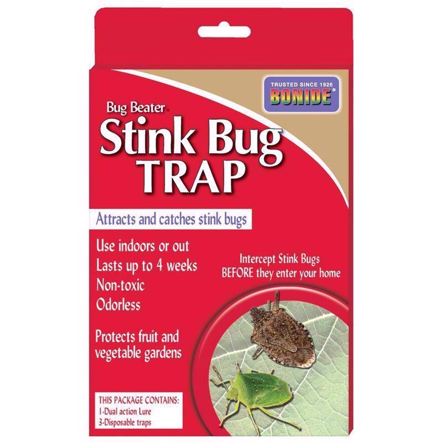 TRUSTED SINCE 1926  
BONIDE Bug Beater Stink Bug TRAP  
Attracts and catches stink bugs  
Use indoors or out  
Intercept Stink Bugs BEFORE they enter your home  
Lasts up to 4 weeks  
Non-toxic  
Odorless  
Protects fruit and vegetable gardens  

THIS PACKAGE CONTAINS:  
- Dual action Lure  
- 3 Disposable traps