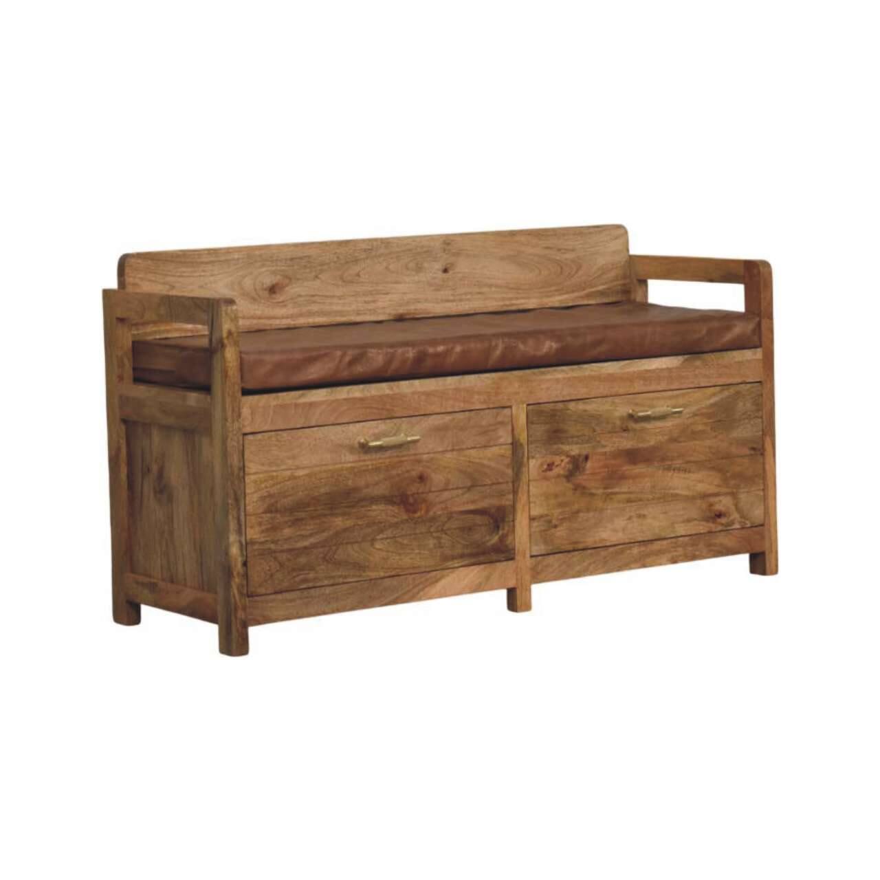 Left. Artisan Furniture - Artisan Furniture Solid Wood Oakish Storage Bench with Brown Leather Seat, 2 Drawers, Beige - Beige.
