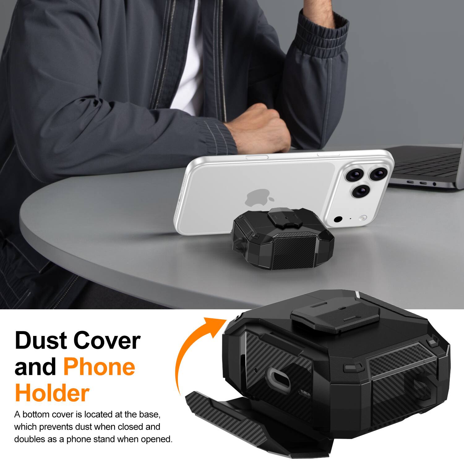 Dust Cover and Phone Holder

A bottom cover is located at the base, which prevents dust when closed and doubles as a phone stand when opened.